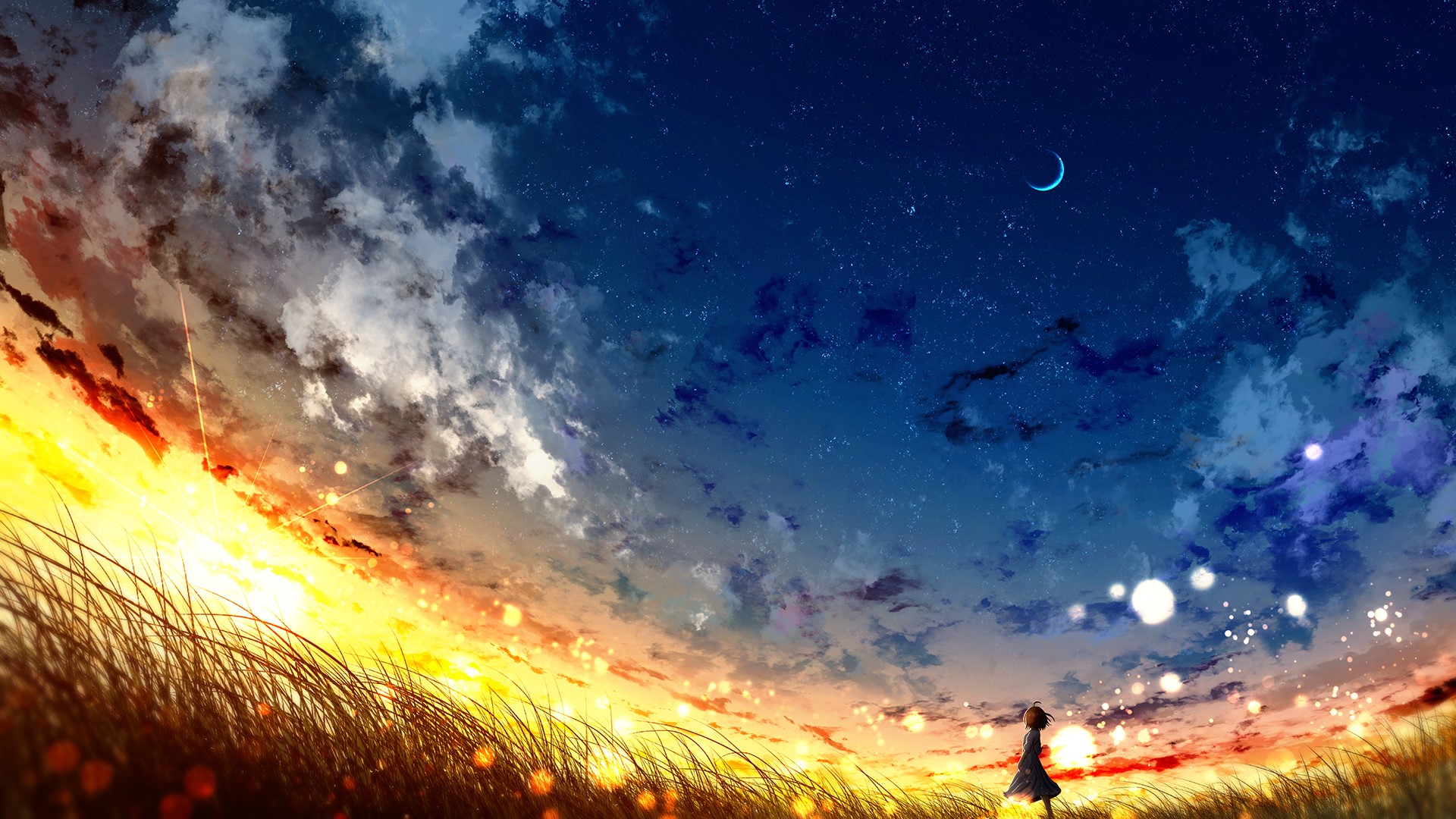 Girl in a field under a starry sunset sky HD Wallpaper
