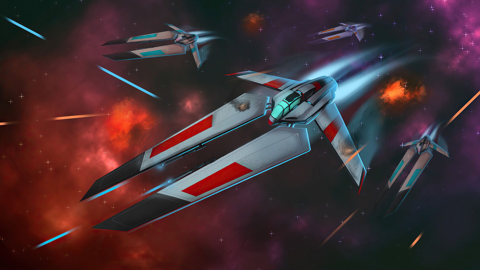Spaceships in a space battle with nebulae HD Wallpaper