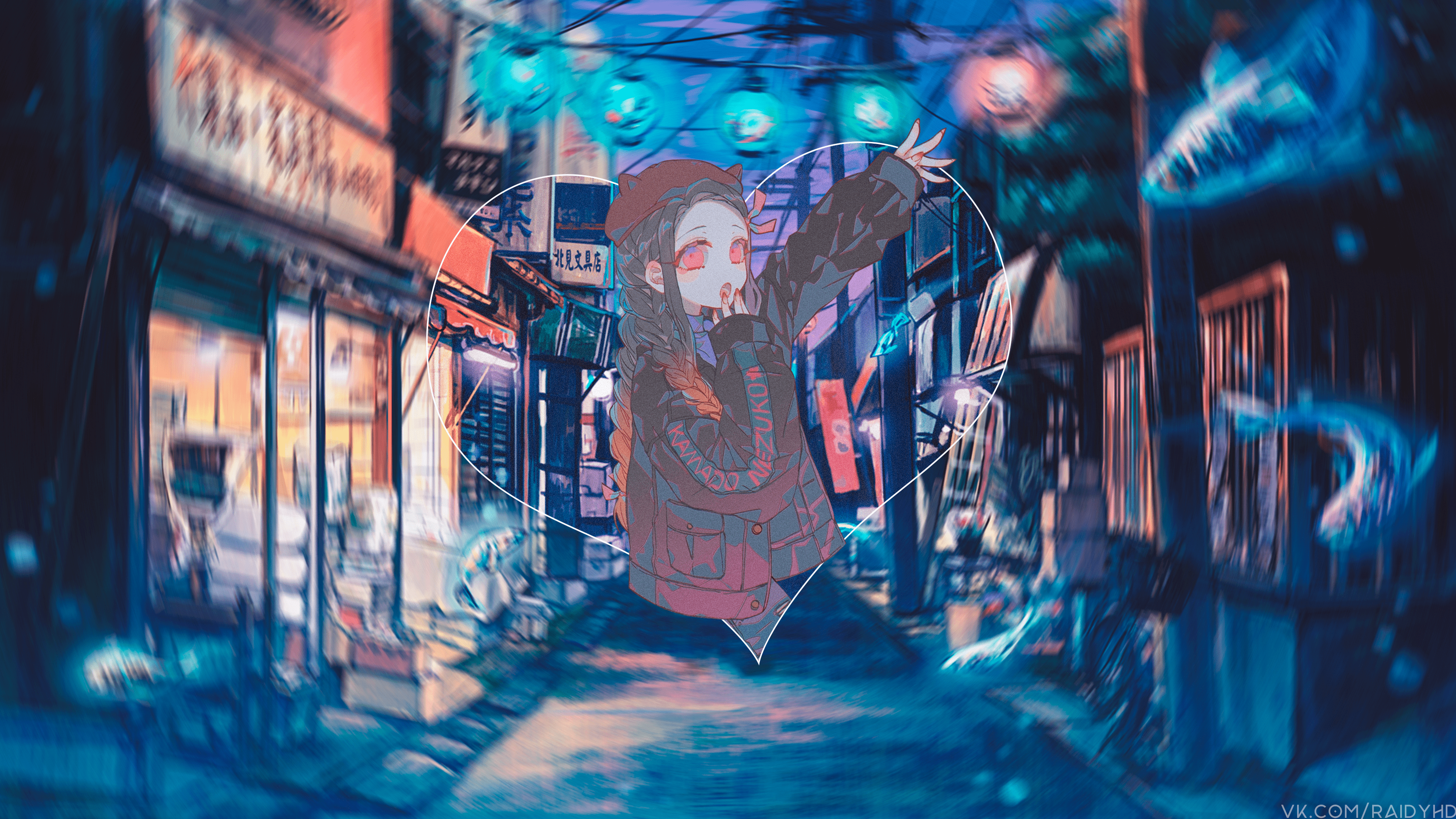 Nezuko Kamado from Demon Slayer in a Japanese alley HD Wallpaper