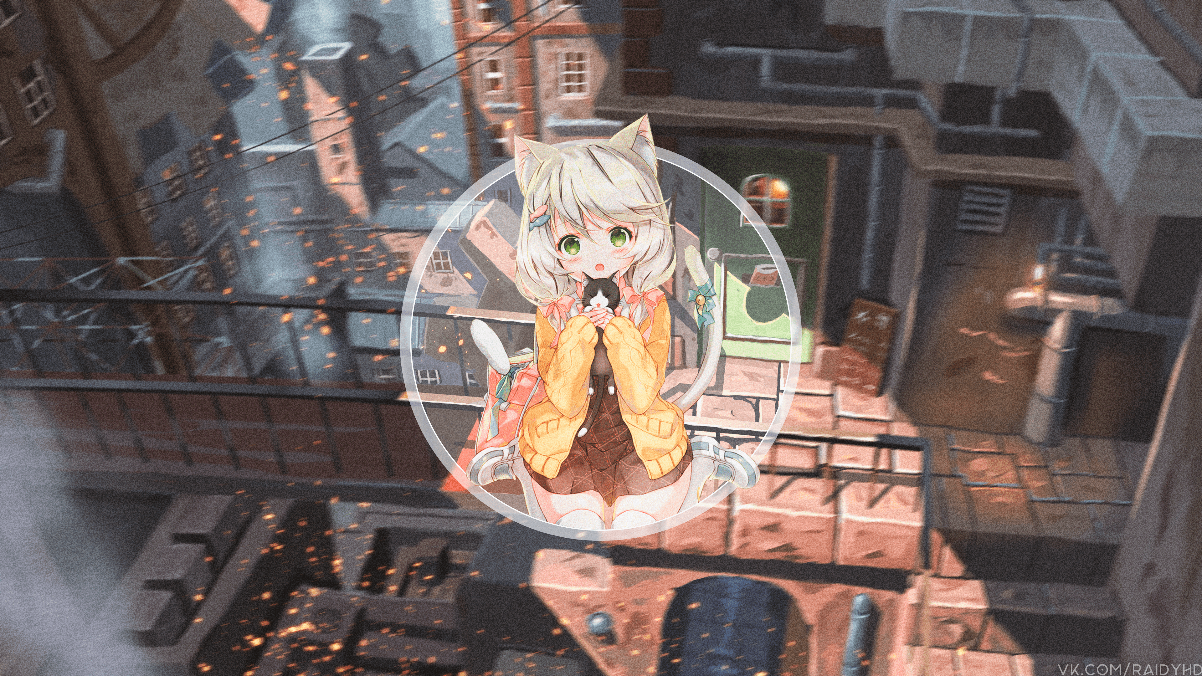 Anime girl with cat ears holding a kitten HD Wallpaper