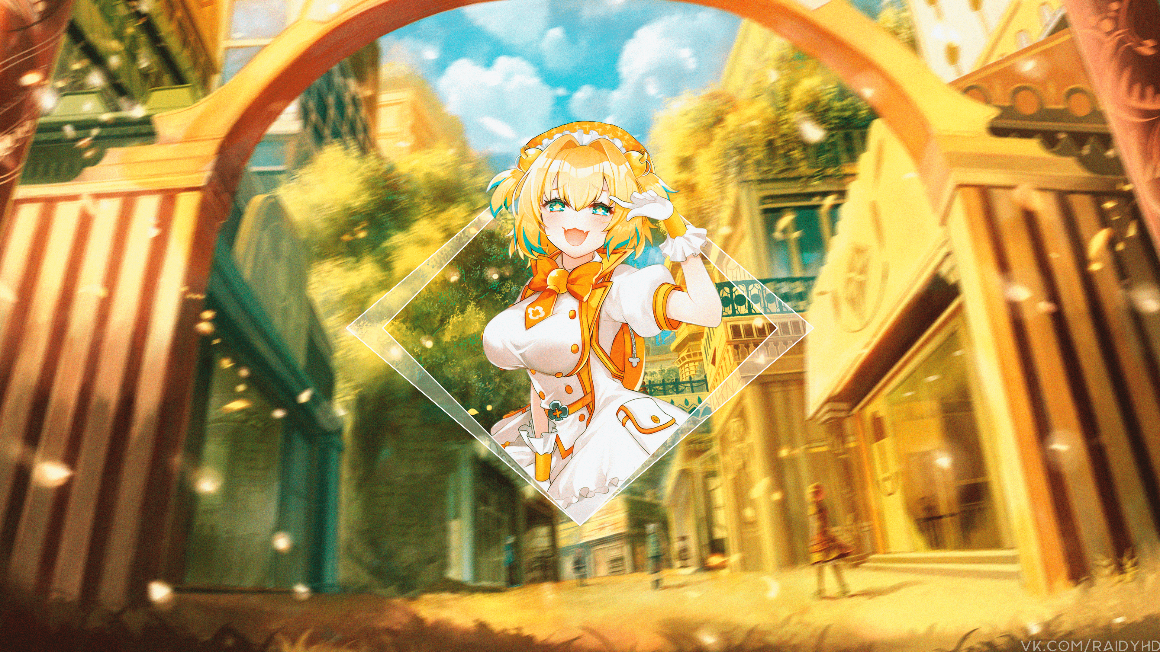 Anime girl in white and orange outfit in a city HD Wallpaper