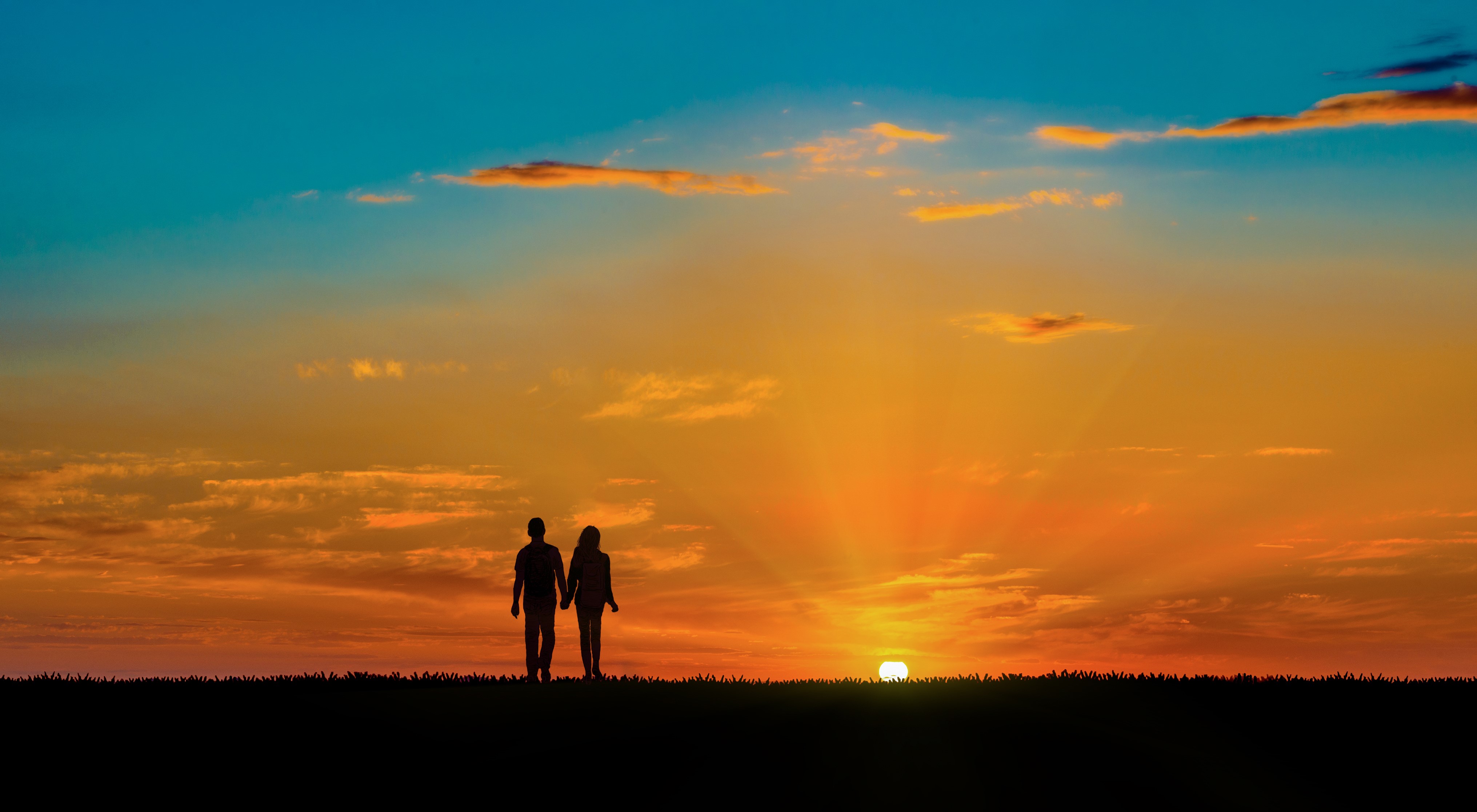 Couple walking at sunset silhouette HD Wallpaper