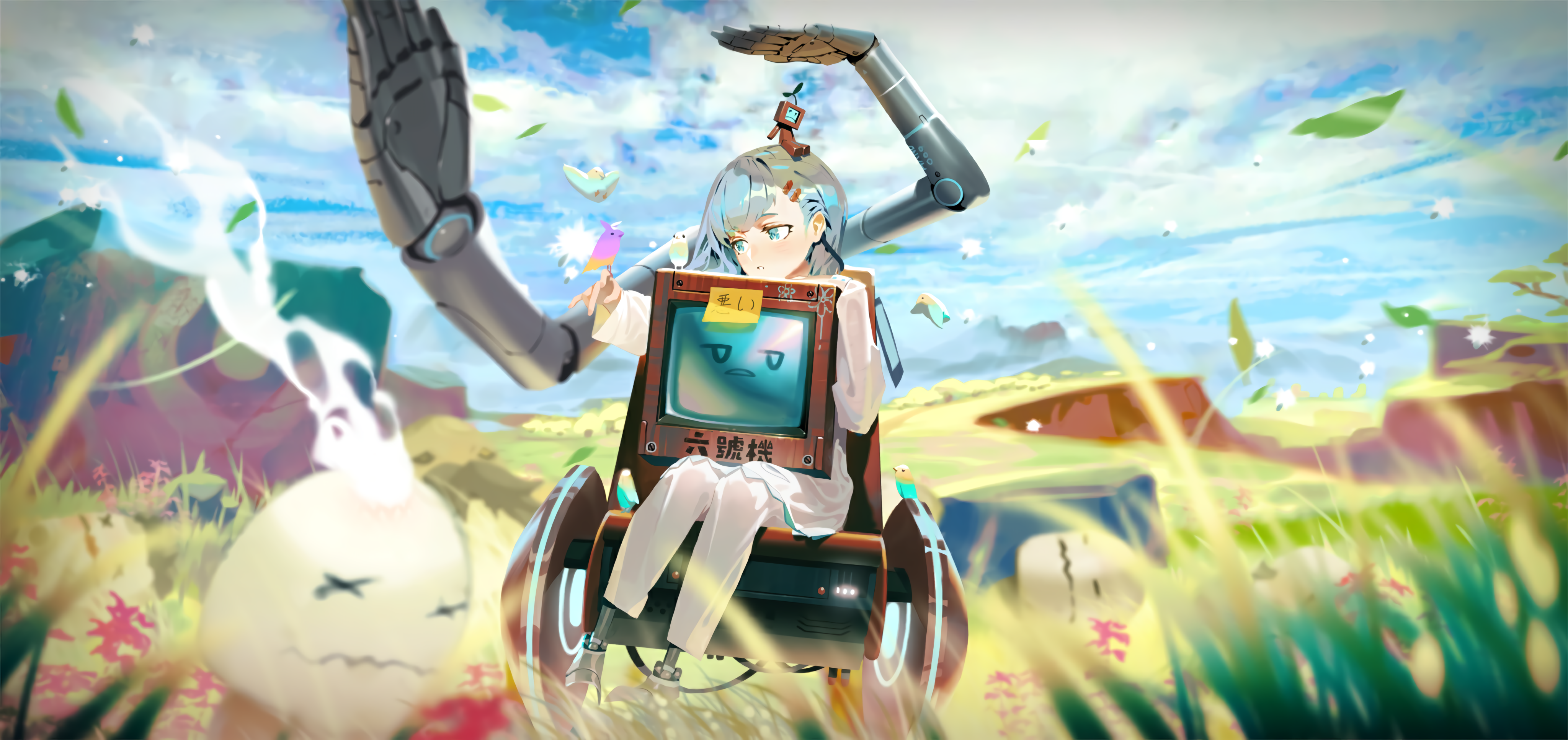 Anime girl with robot arms and a monitor in a field HD Wallpaper
