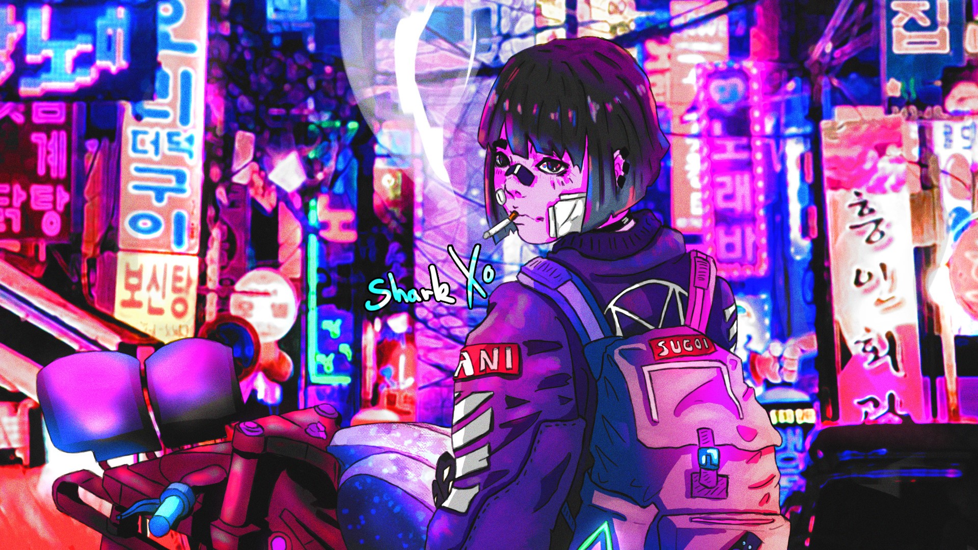 Anime girl smoking in neon-lit city street HD Wallpaper