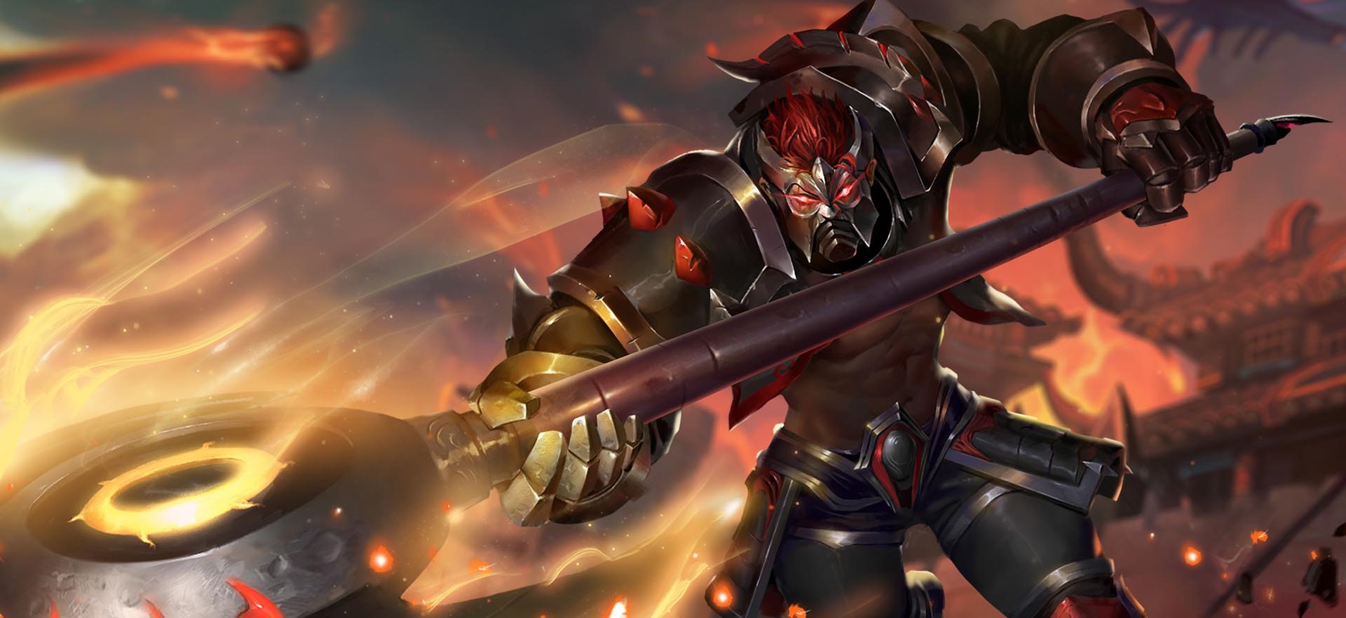 Warrior with red eyes holding a large weapon HD Wallpaper
