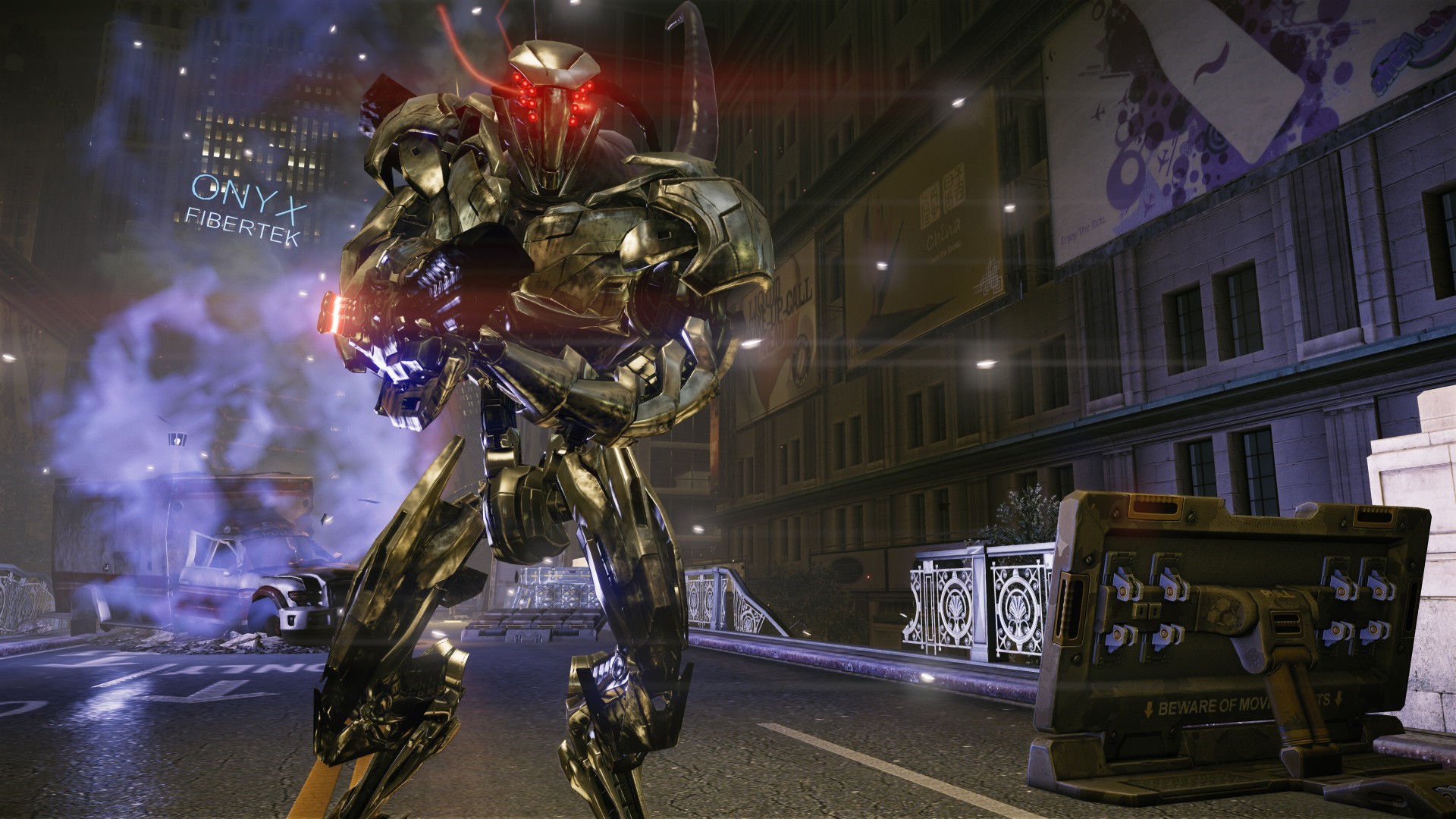 Alien robot with glowing eyes in a city street HD Wallpaper