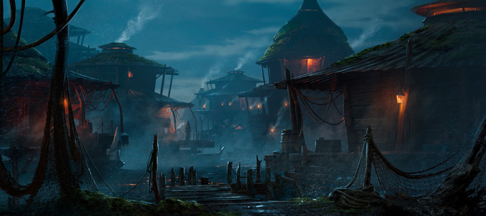 Fantasy village with thatched-roof huts at night HD Wallpaper