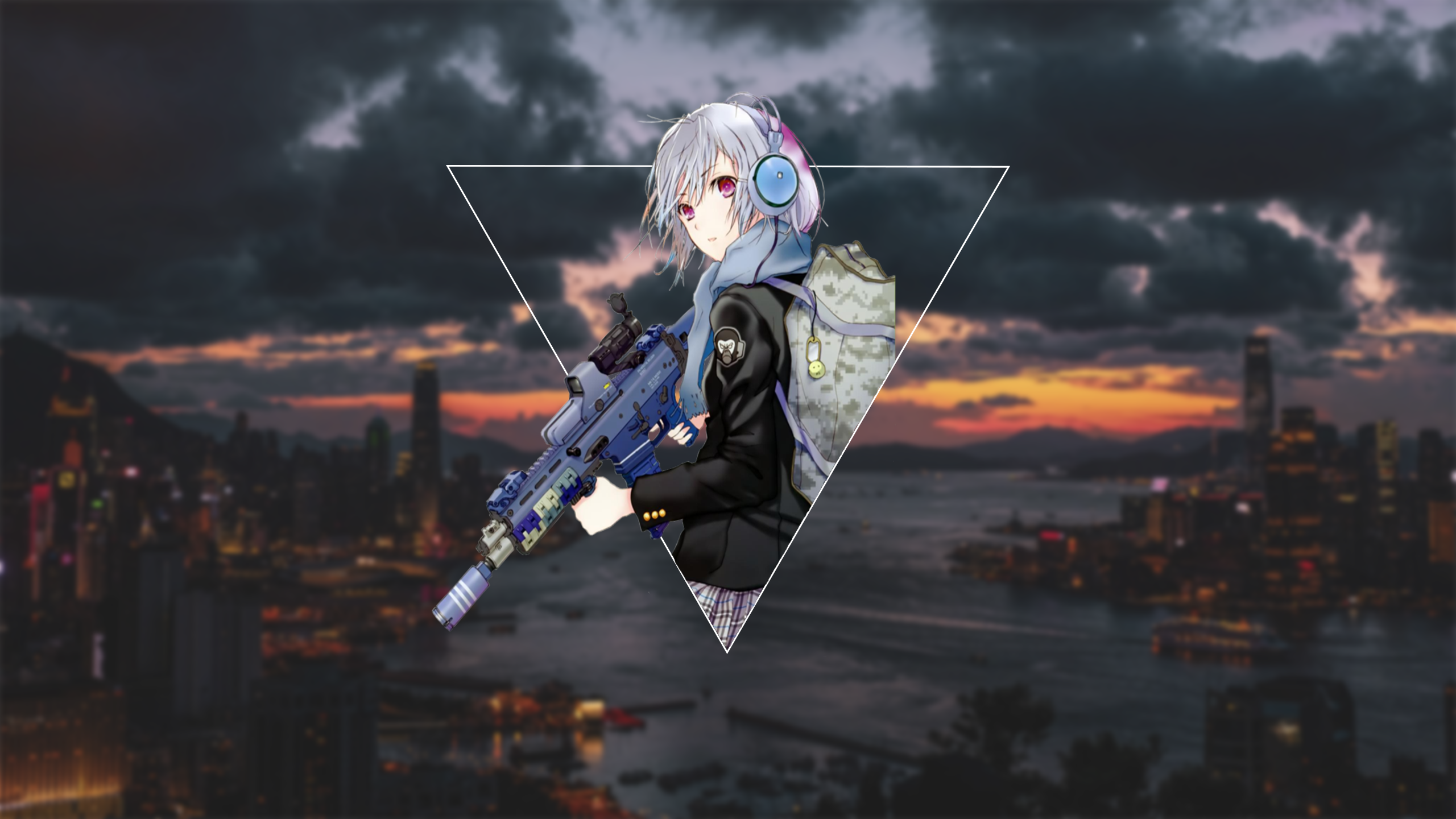 Anime girl with headphones and rifle in city HD Wallpaper