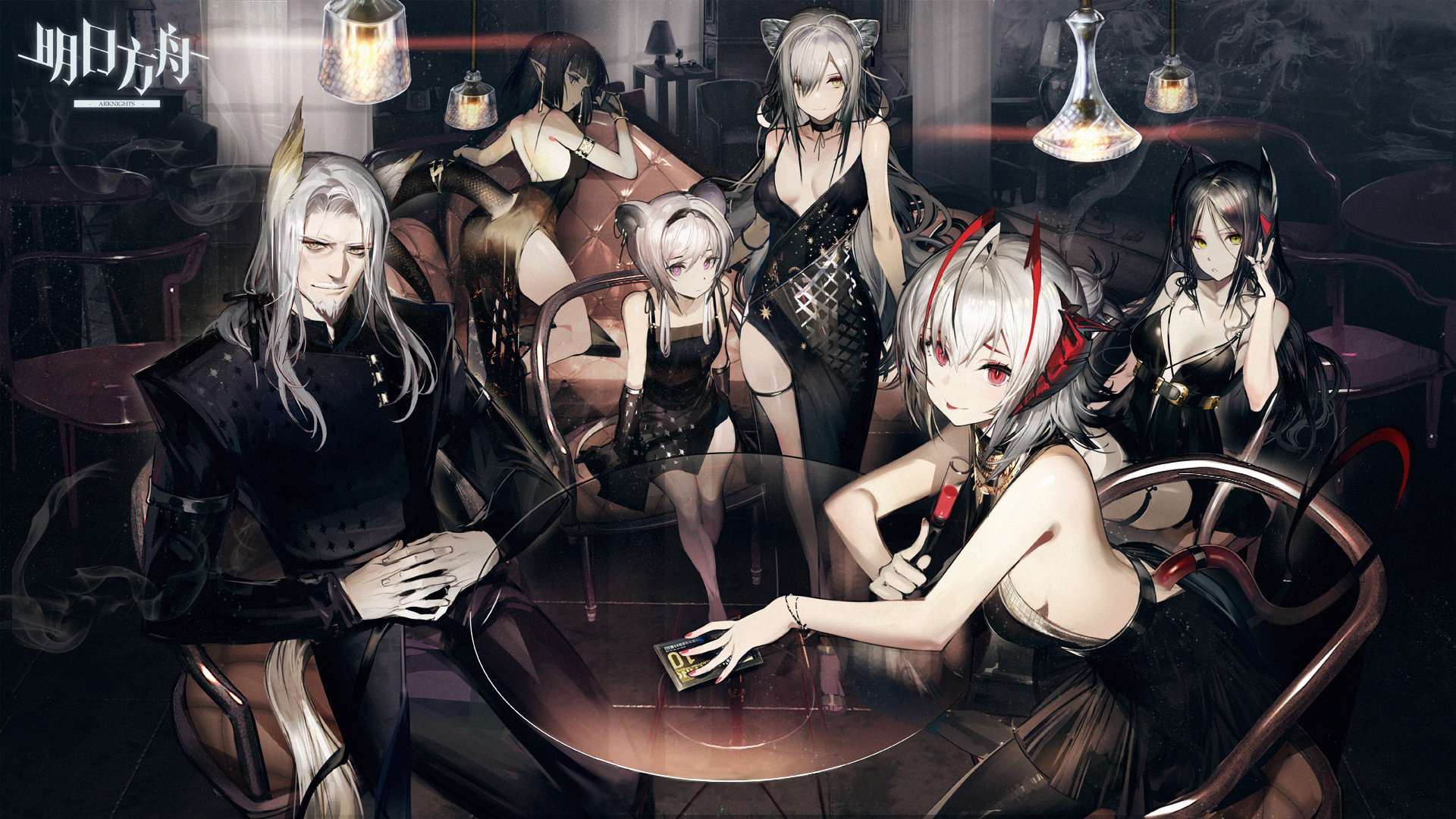 Arknights characters in a dimly lit lounge HD Wallpaper