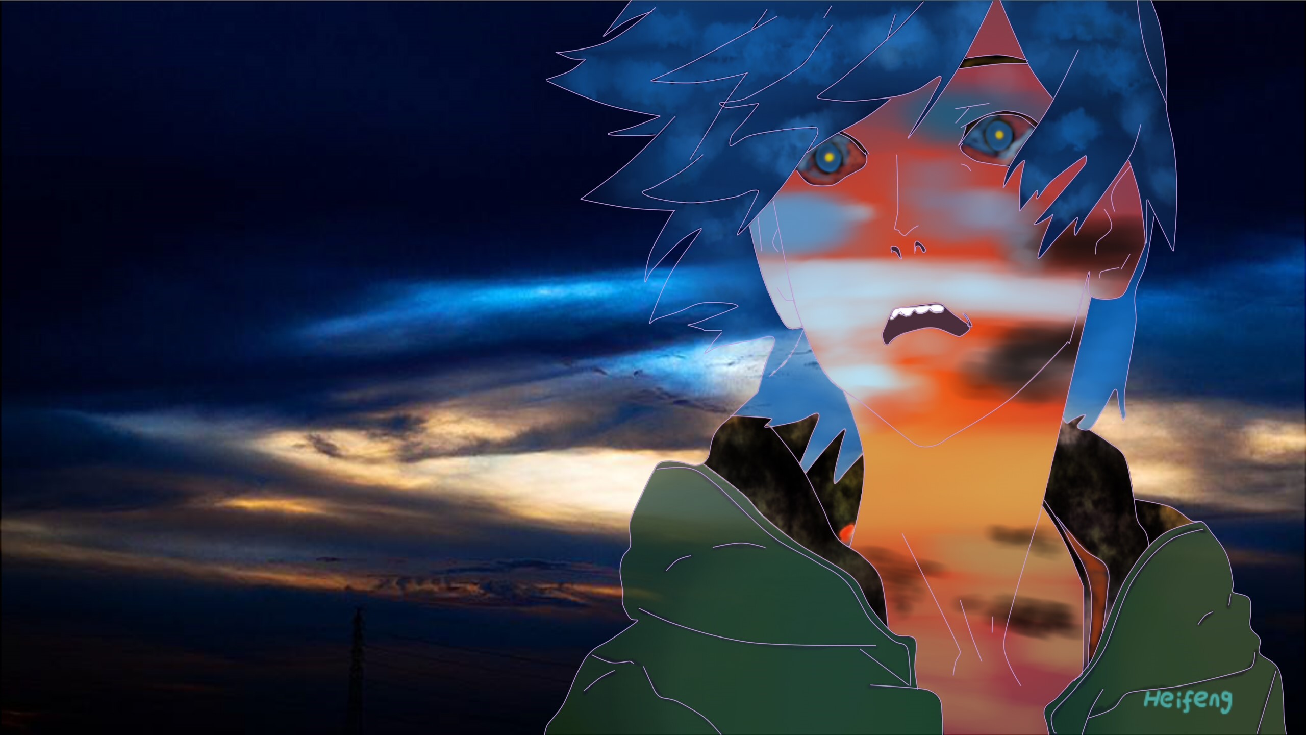Araragi Koyomi from Monogatari Series against a sunset sky HD Wallpaper