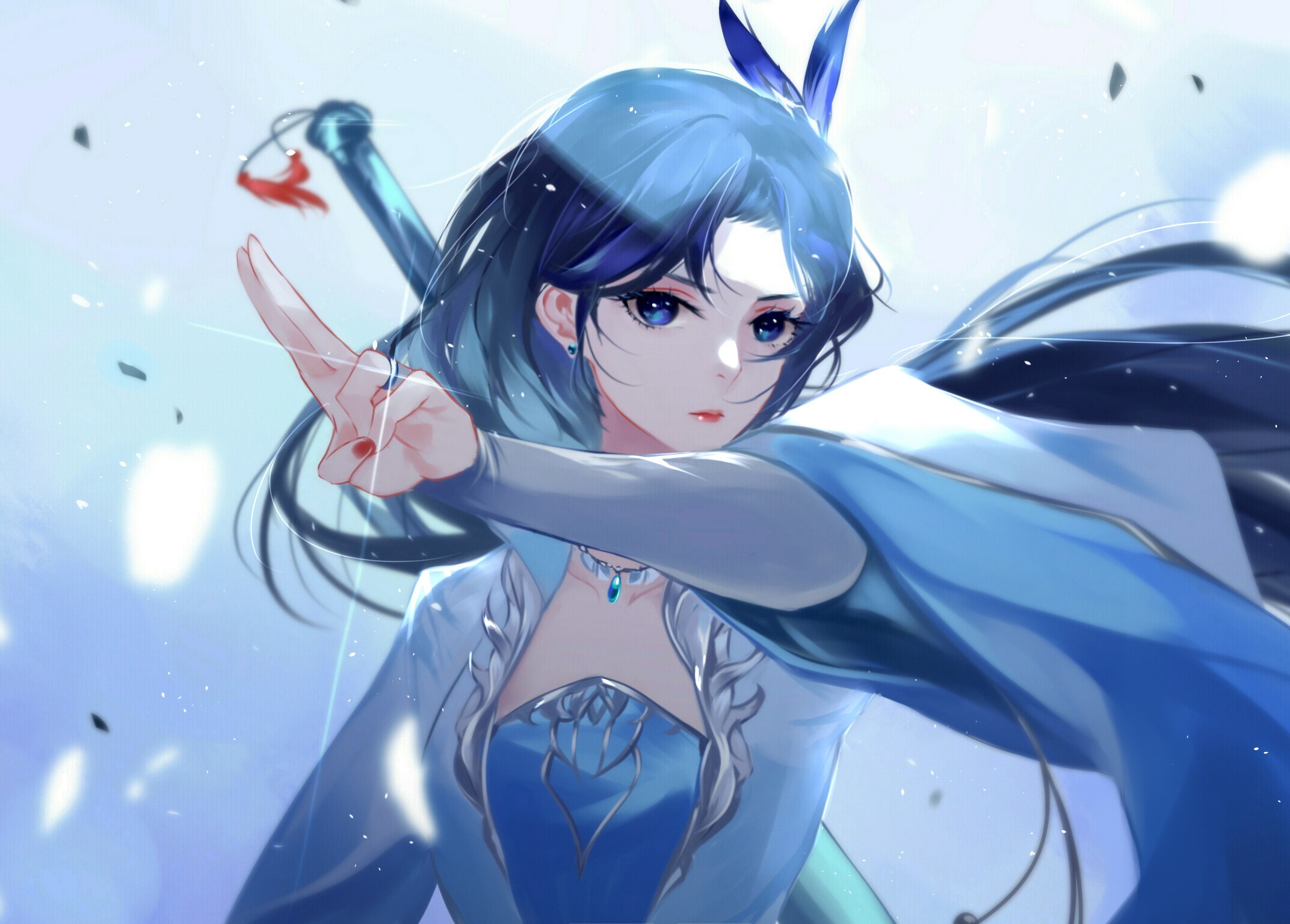 Anime girl with blue hair and sword HD Wallpaper