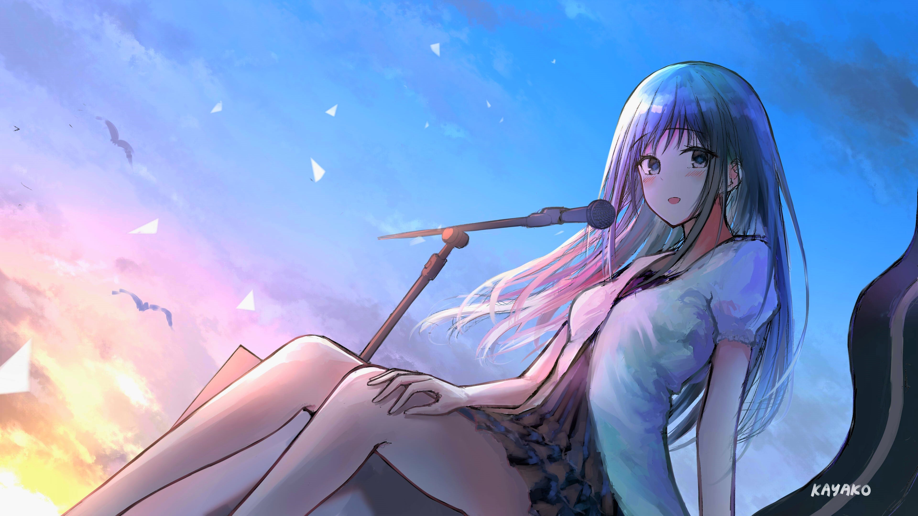 Anime girl with blue hair and microphone HD Wallpaper