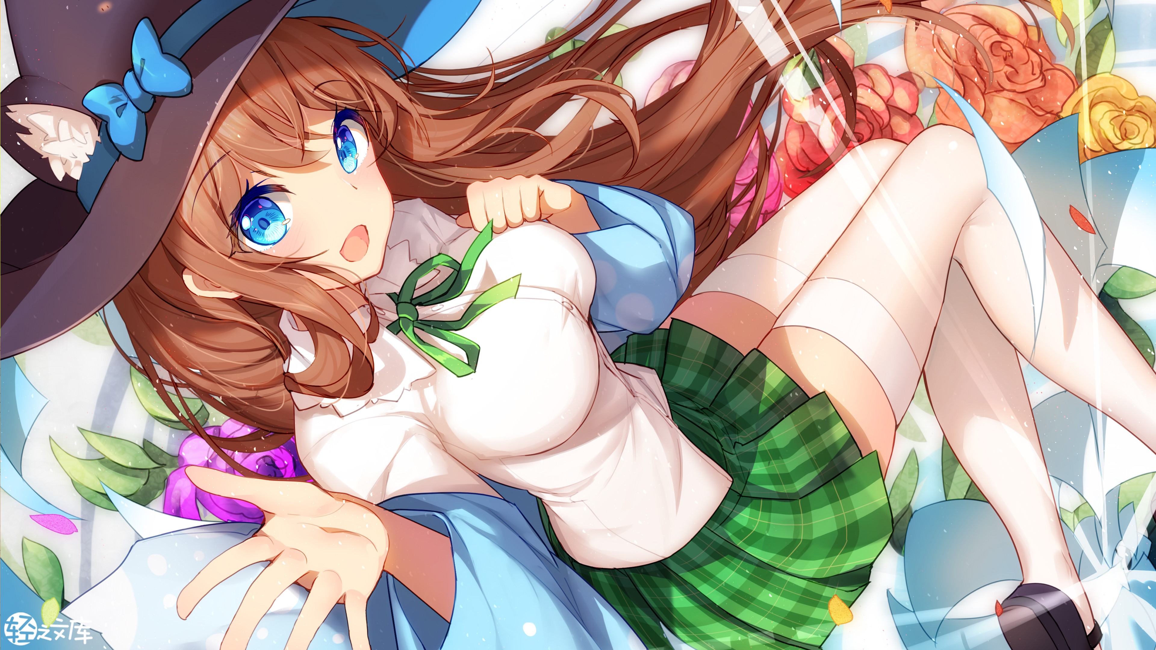4K Anime Schoolgirl in Witch Hat and Plaid Skirt HD Wallpaper
