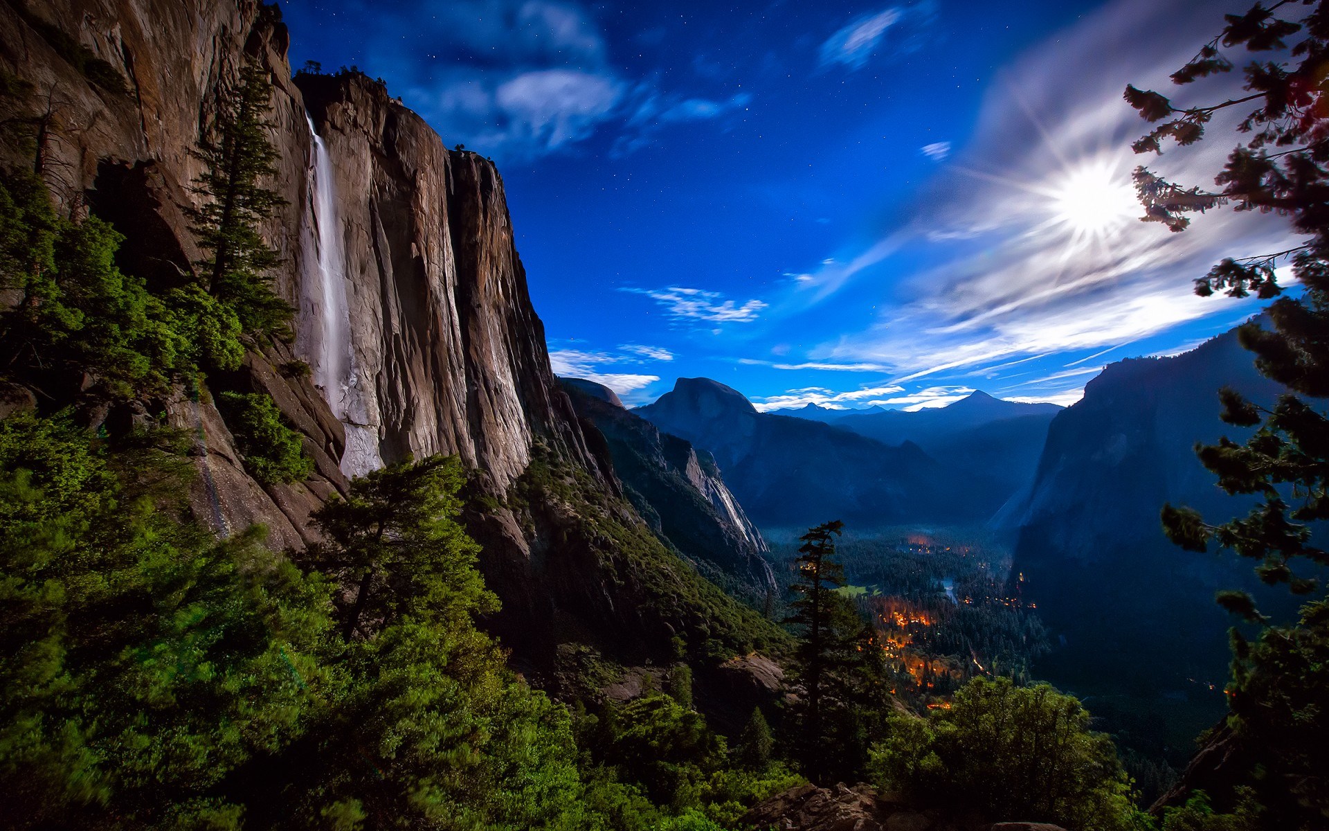 Yosemite Valley at night with moonlit waterfall HD Wallpaper
