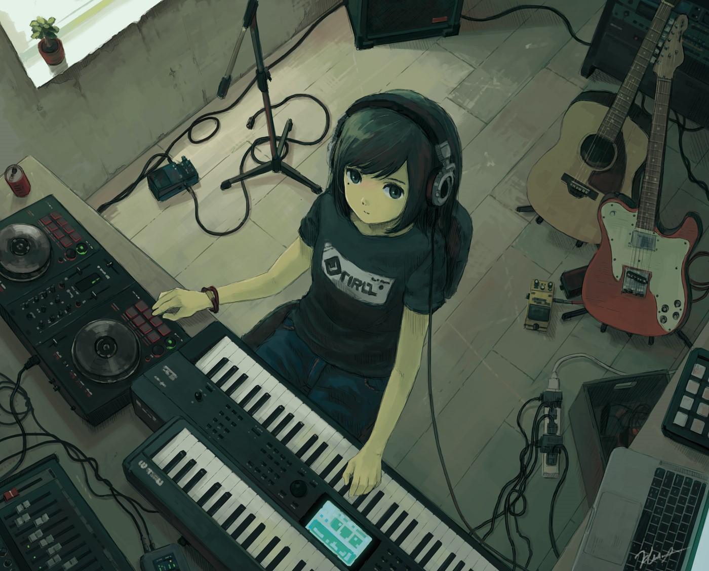 Anime girl with headphones in music studio HD Wallpaper