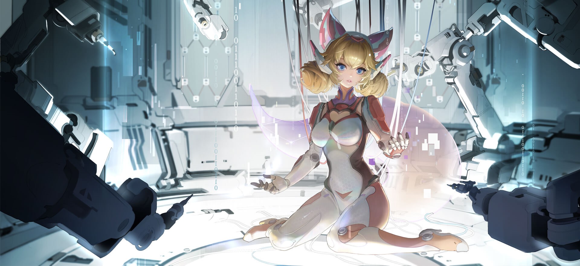 Anime girl with cat ears in a futuristic lab HD Wallpaper