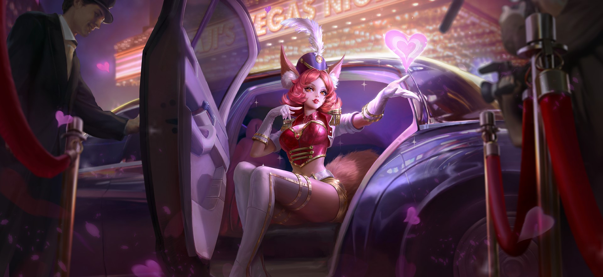 Fox girl in a car with a man and Vegas lights HD Wallpaper