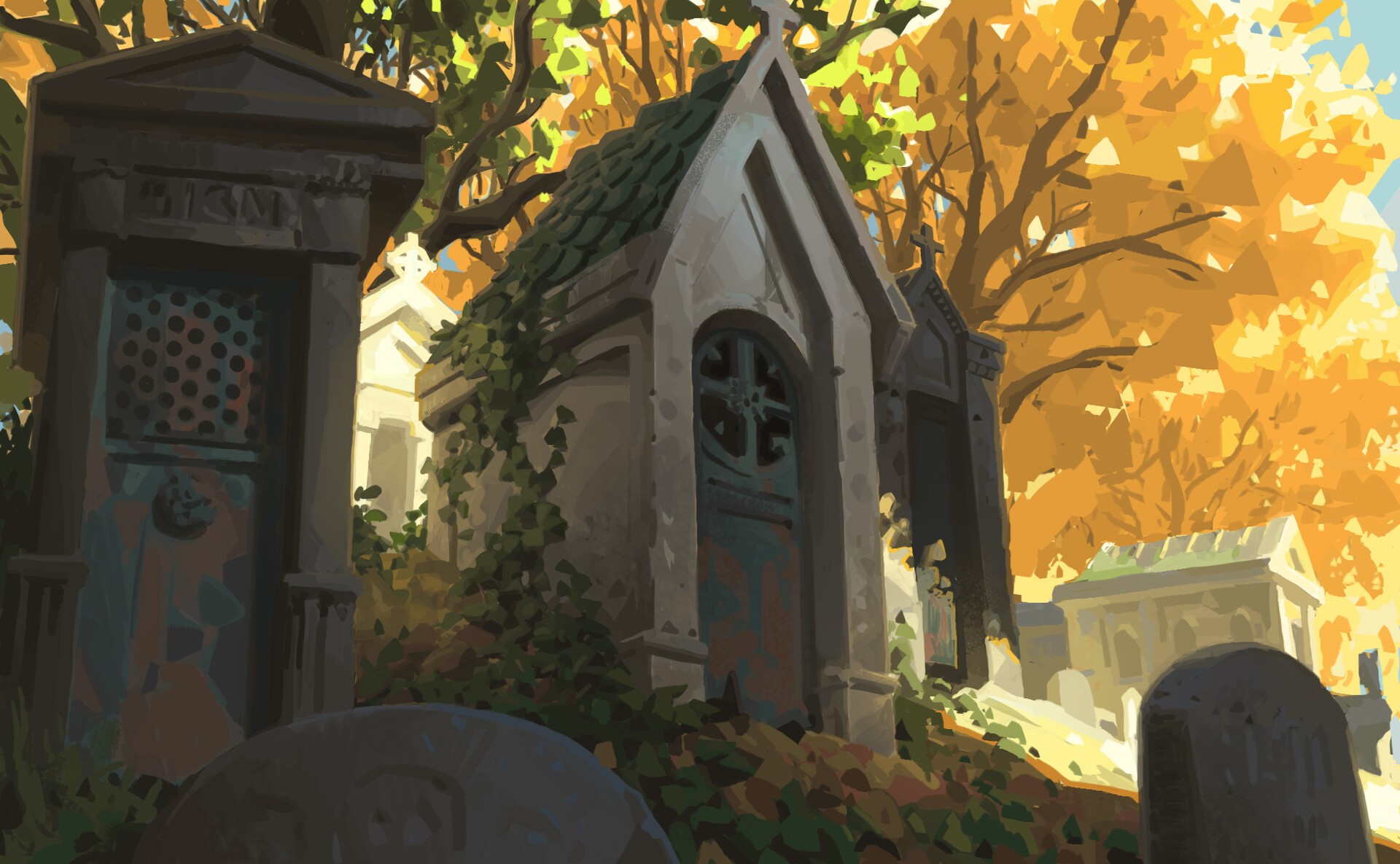 Graveyard with mausoleums and tombstones in autumn HD Wallpaper