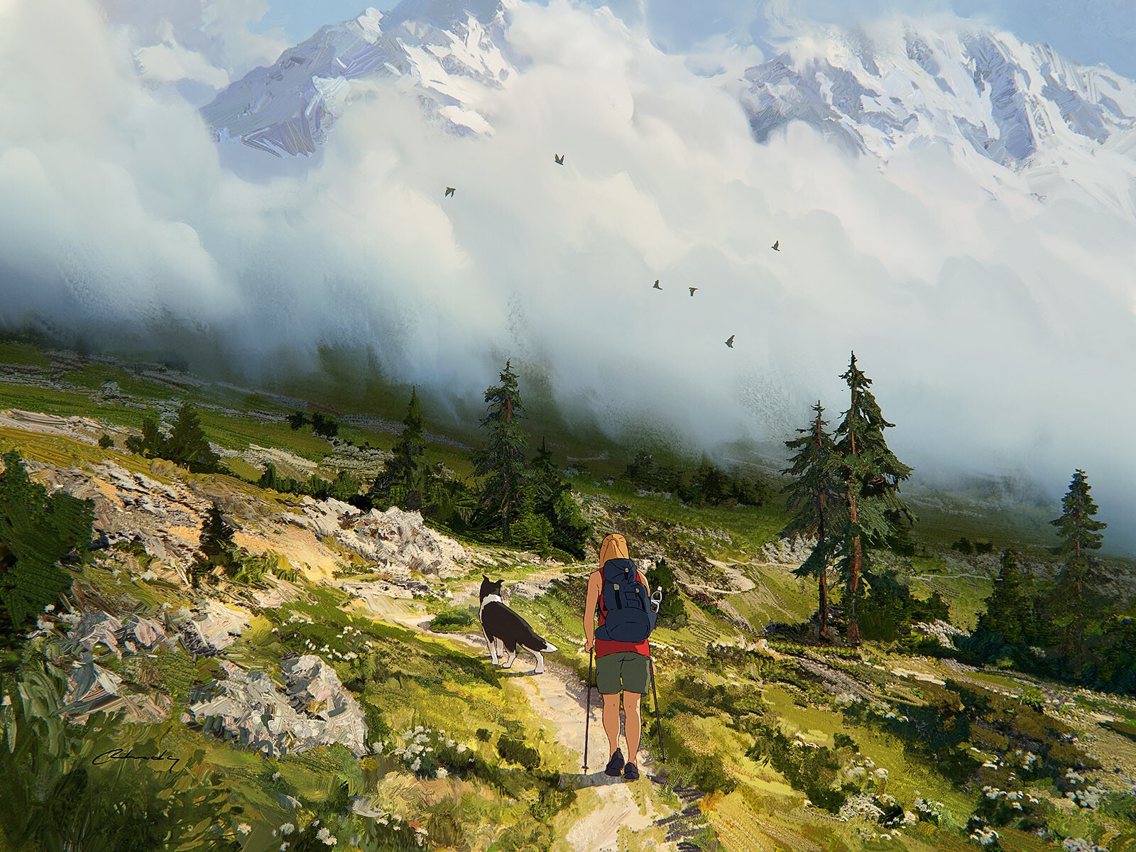 Painting of a hiker and dog on a mountain trail HD Wallpaper