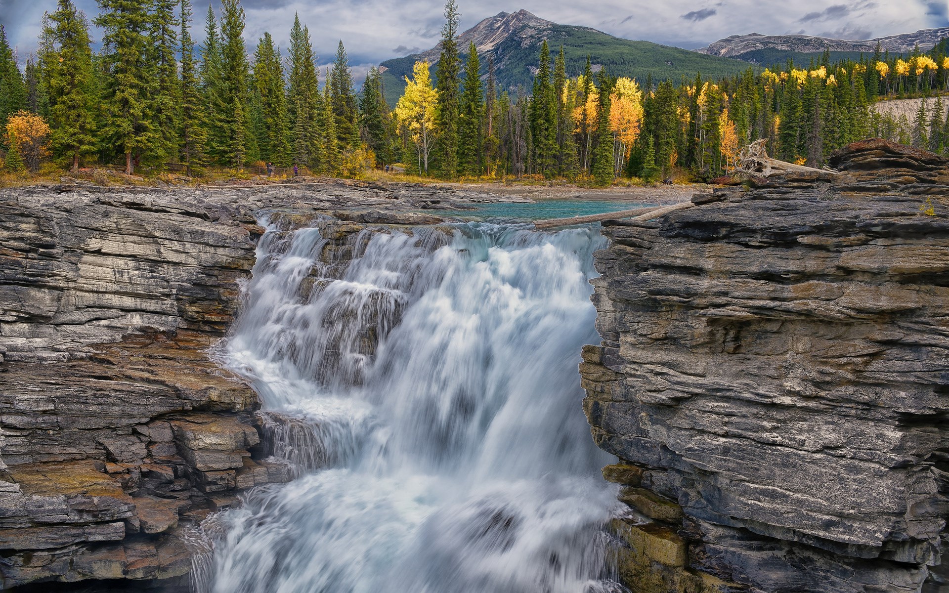 Waterfall in a forest with mountains HD Wallpaper