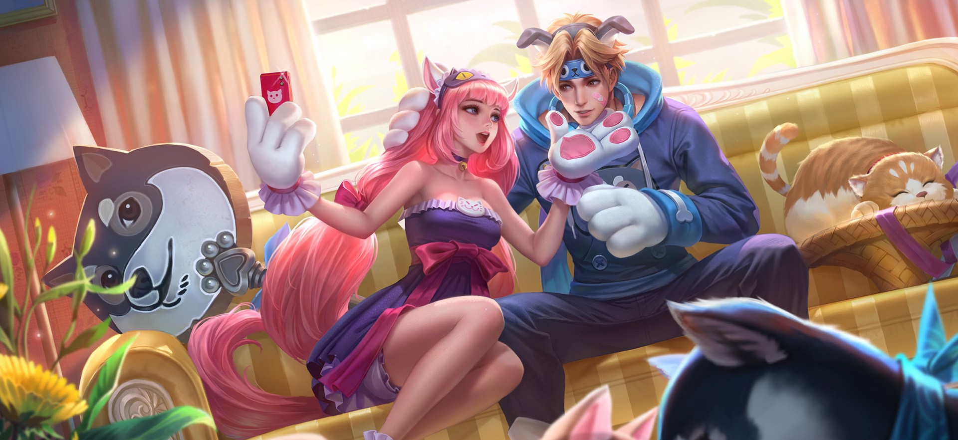 Anime couple taking a selfie with cats HD Wallpaper