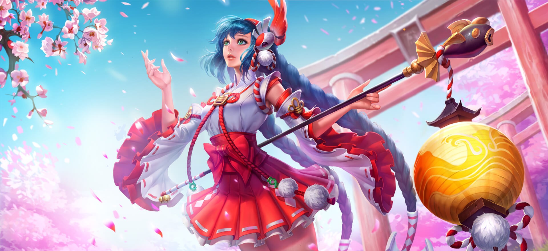 Anime girl with blue hair and a staff HD Wallpaper