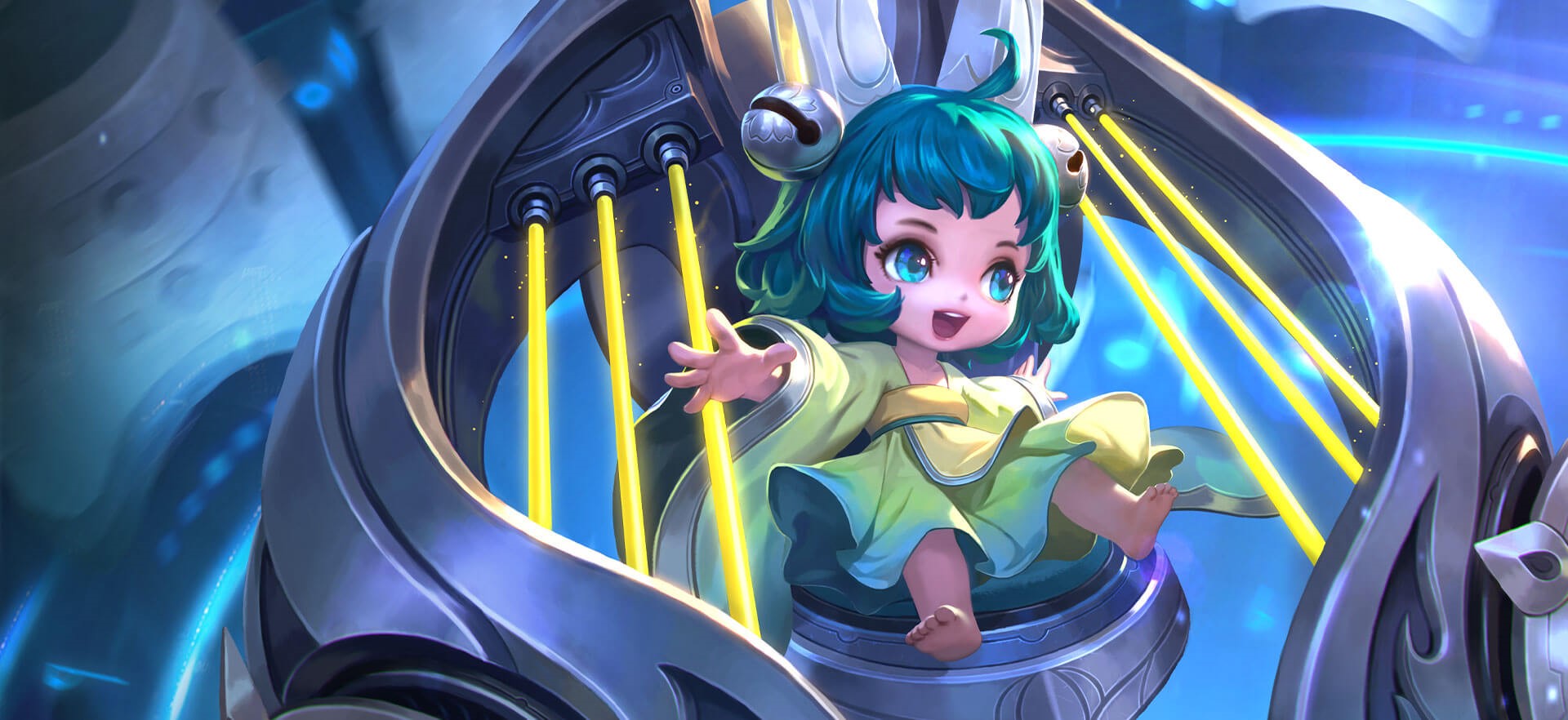 Anime girl with blue hair and eyes in a futuristic machine HD Wallpaper