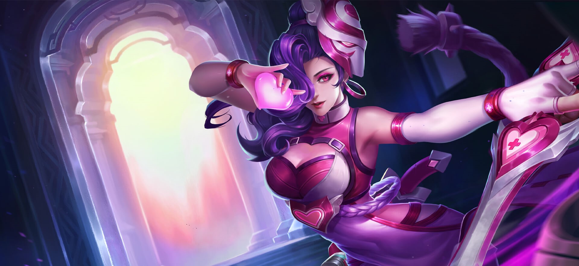 Fantasy girl with purple hair and mask holding a heart HD Wallpaper