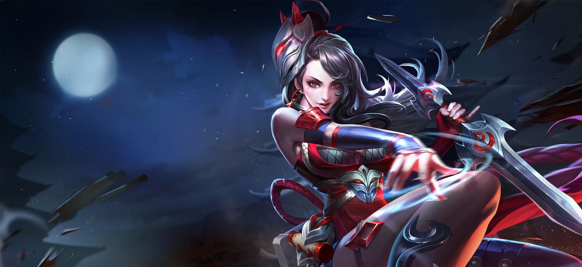 Anime girl with sword under the moon HD Wallpaper