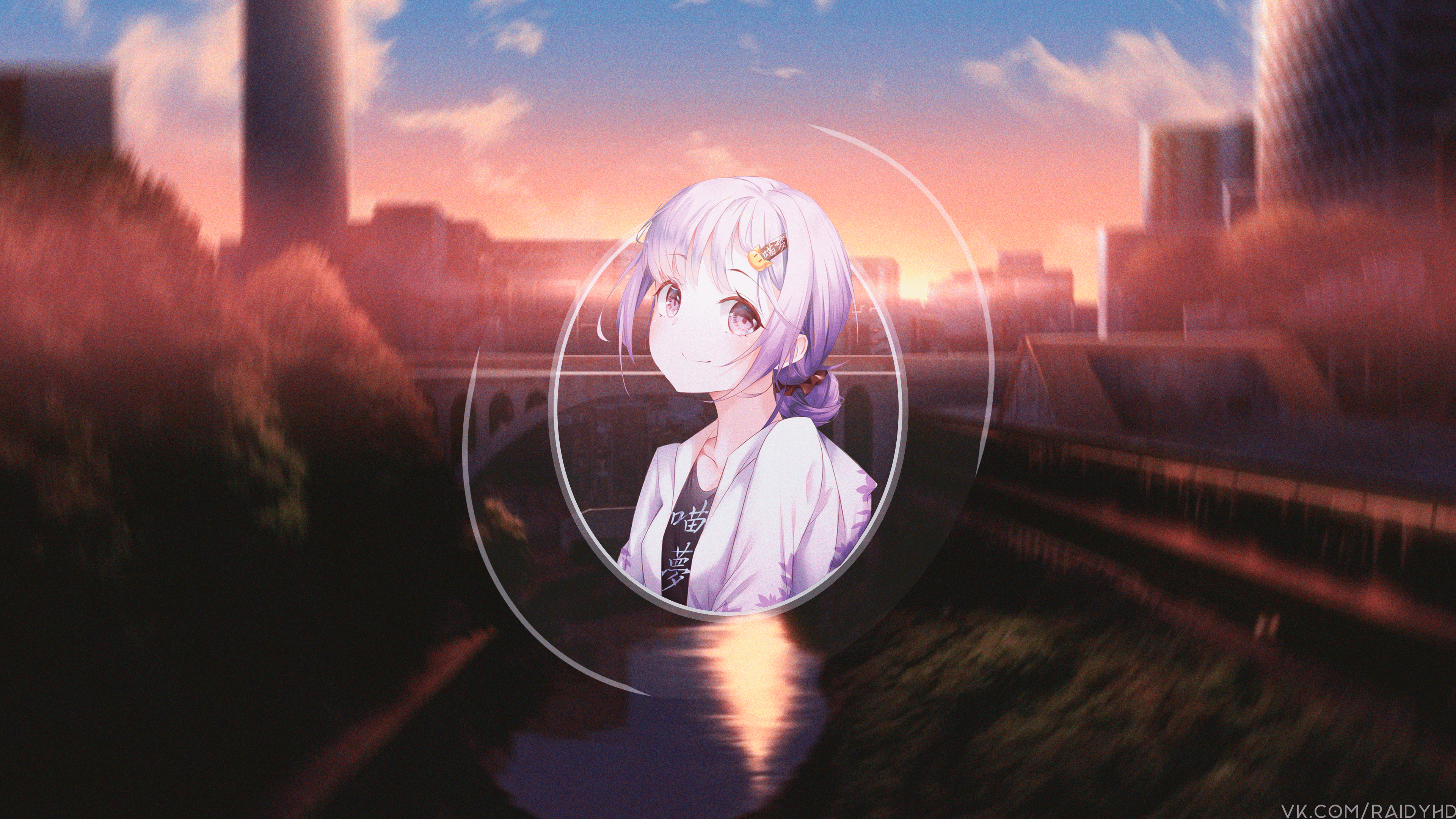 Anime girl in picture-in-picture at sunset HD Wallpaper