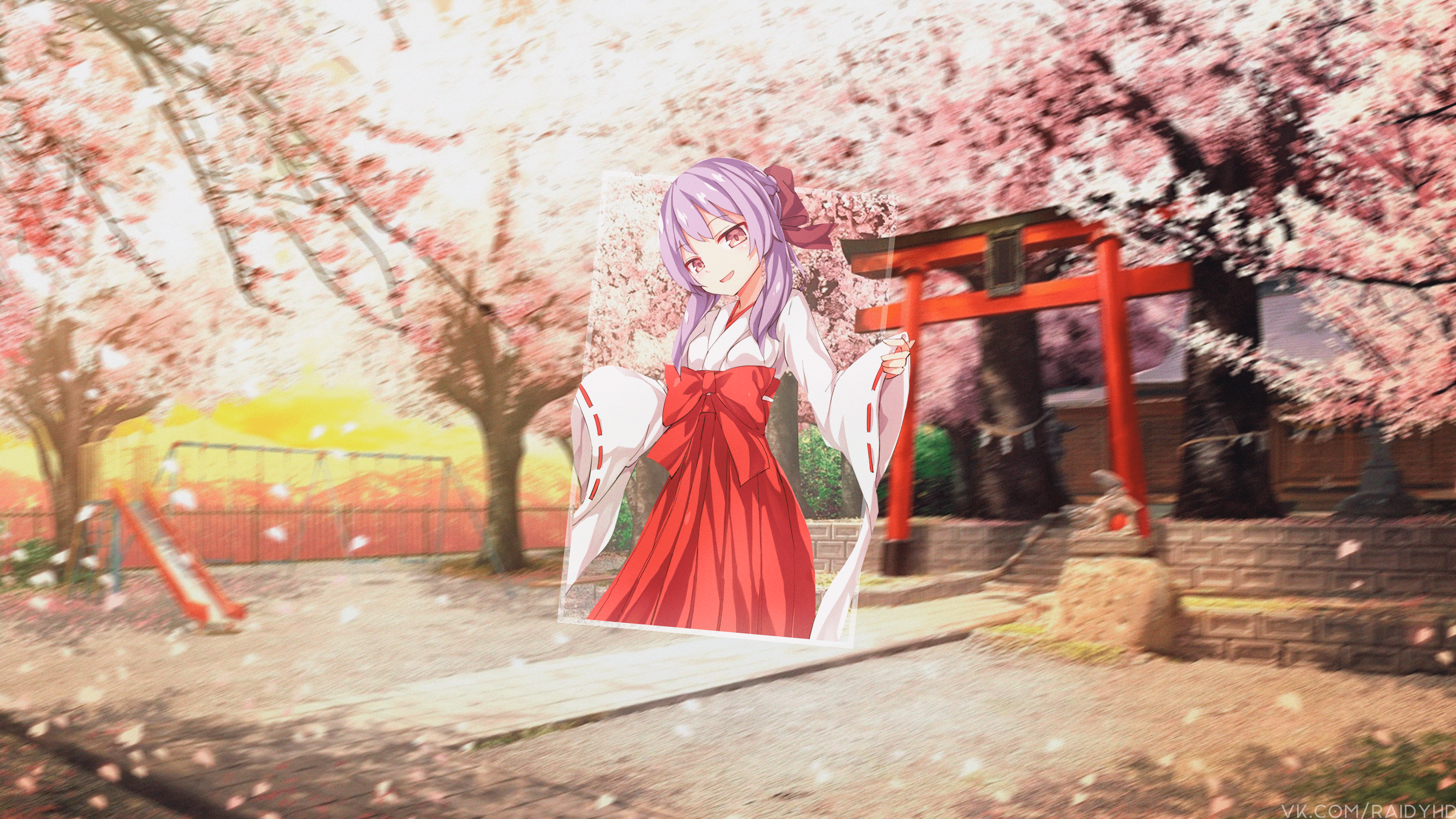 Anime girl in shrine setting with cherry blossoms HD Wallpaper
