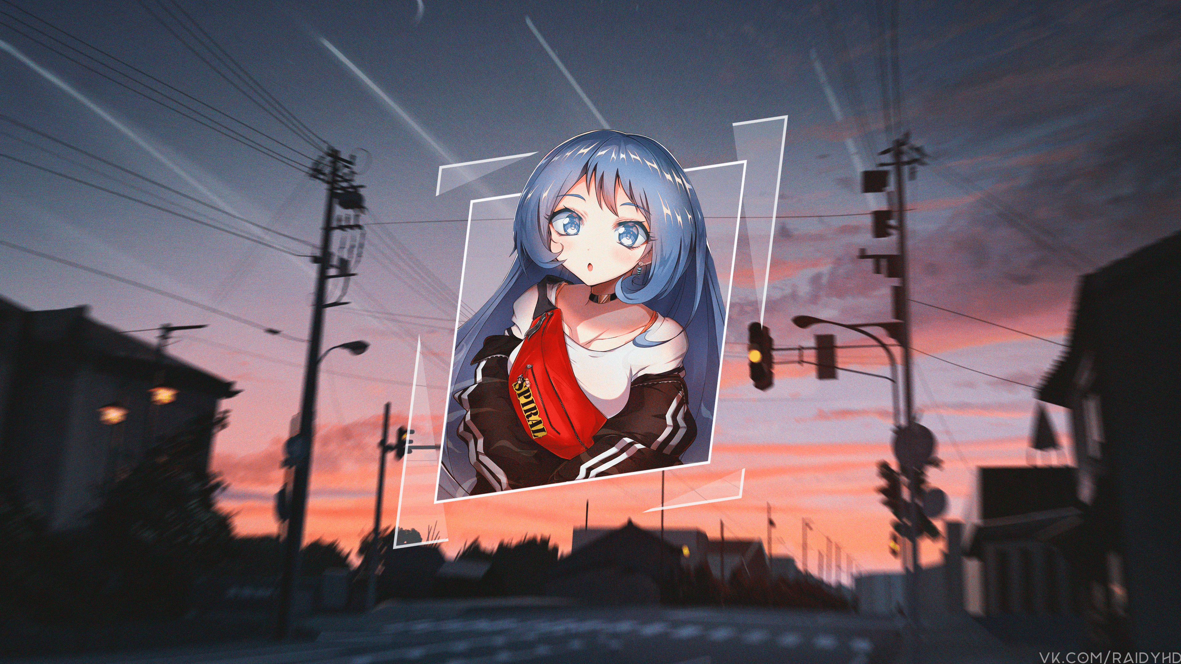 4K anime girl with blue hair in a city at sunset HD Wallpaper