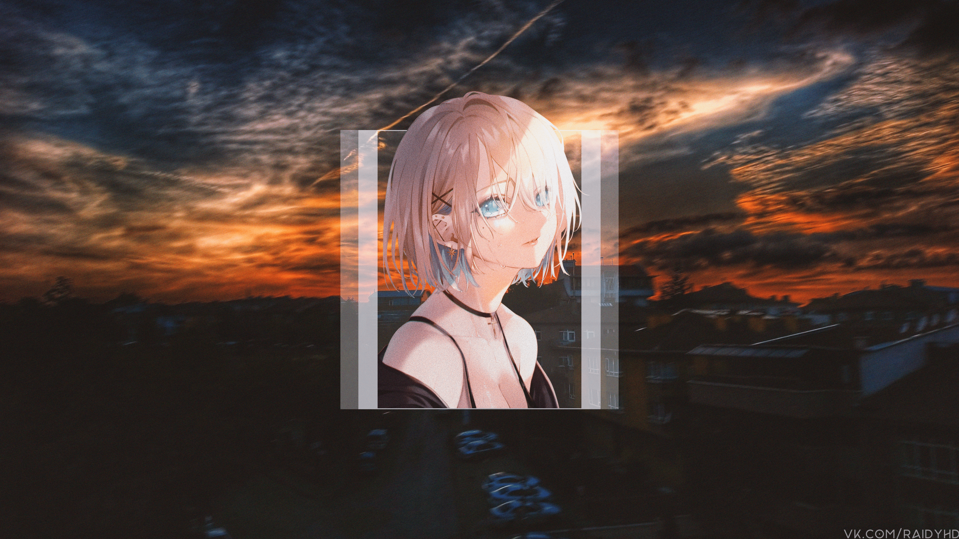 Anime girl in picture-in-picture with sunset background HD Wallpaper