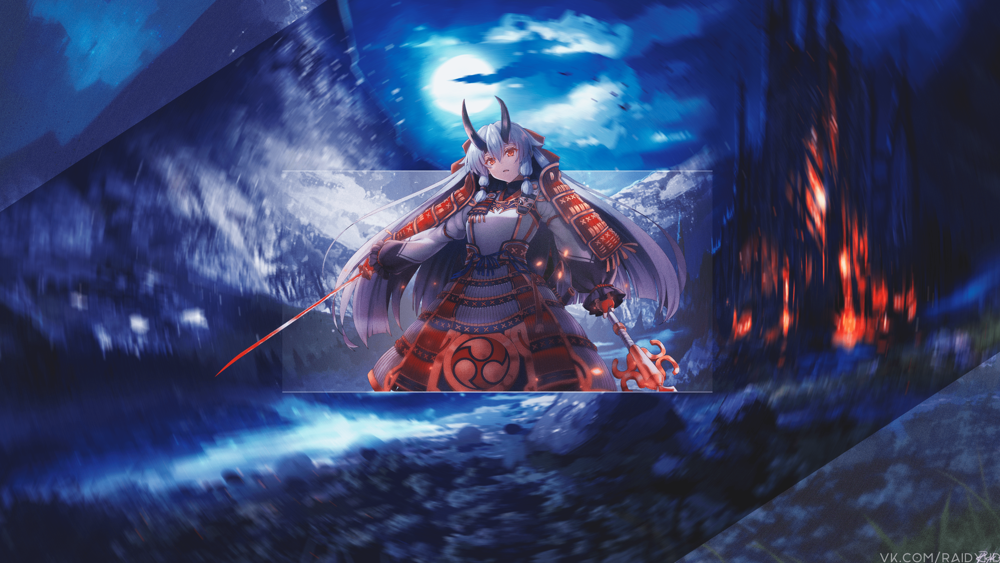 Anime girl with horns and samurai armor under the Moon HD Wallpaper