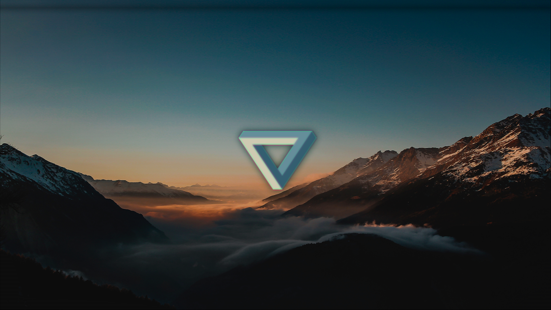 Penrose triangle over misty mountains at sunrise HD Wallpaper