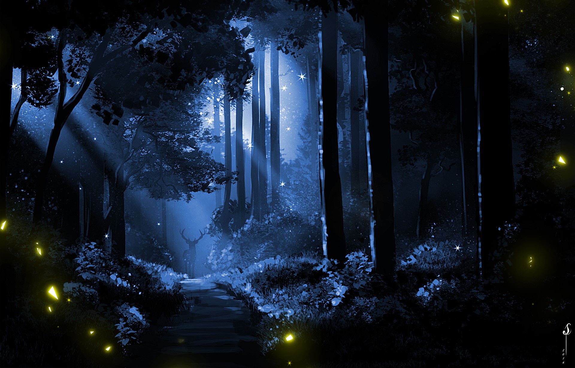 Mystical Forest with Deer and Fireflies HD Wallpaper