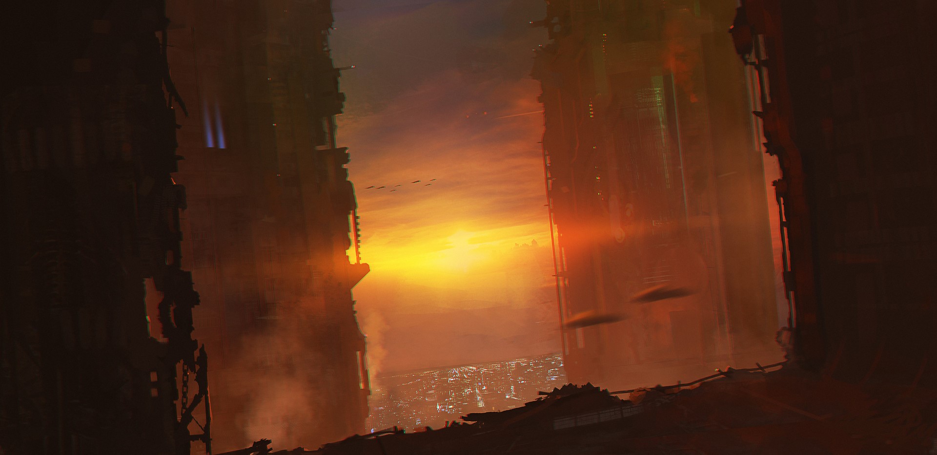 Futuristic city at sunset with flying vehicles HD Wallpaper