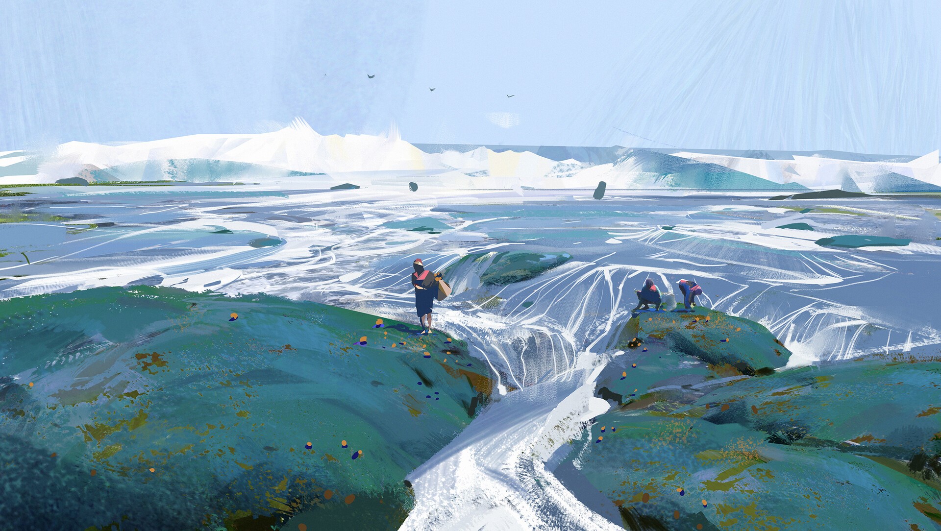 Artwork of a landscape with people by the sea HD Wallpaper