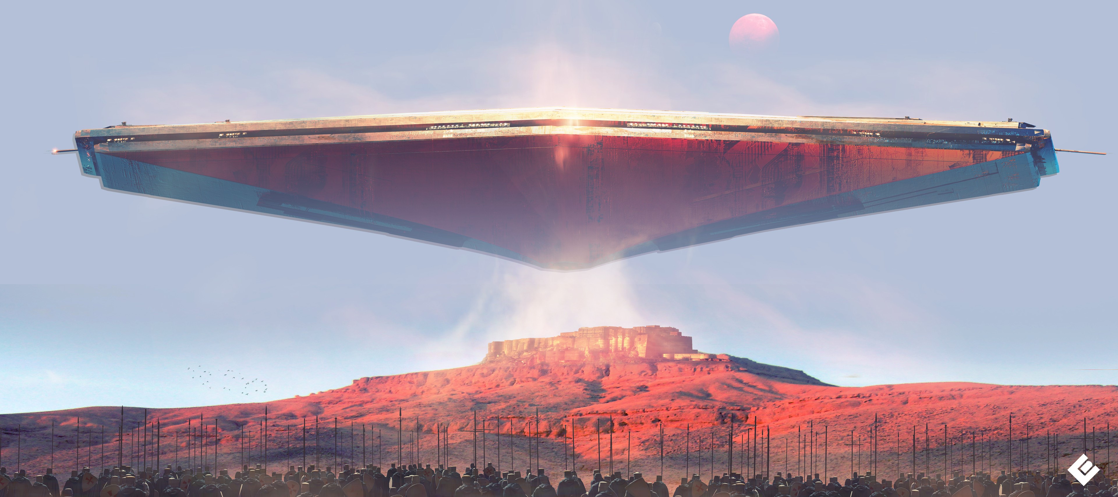 UFO hovering over desert landscape with crowd HD Wallpaper