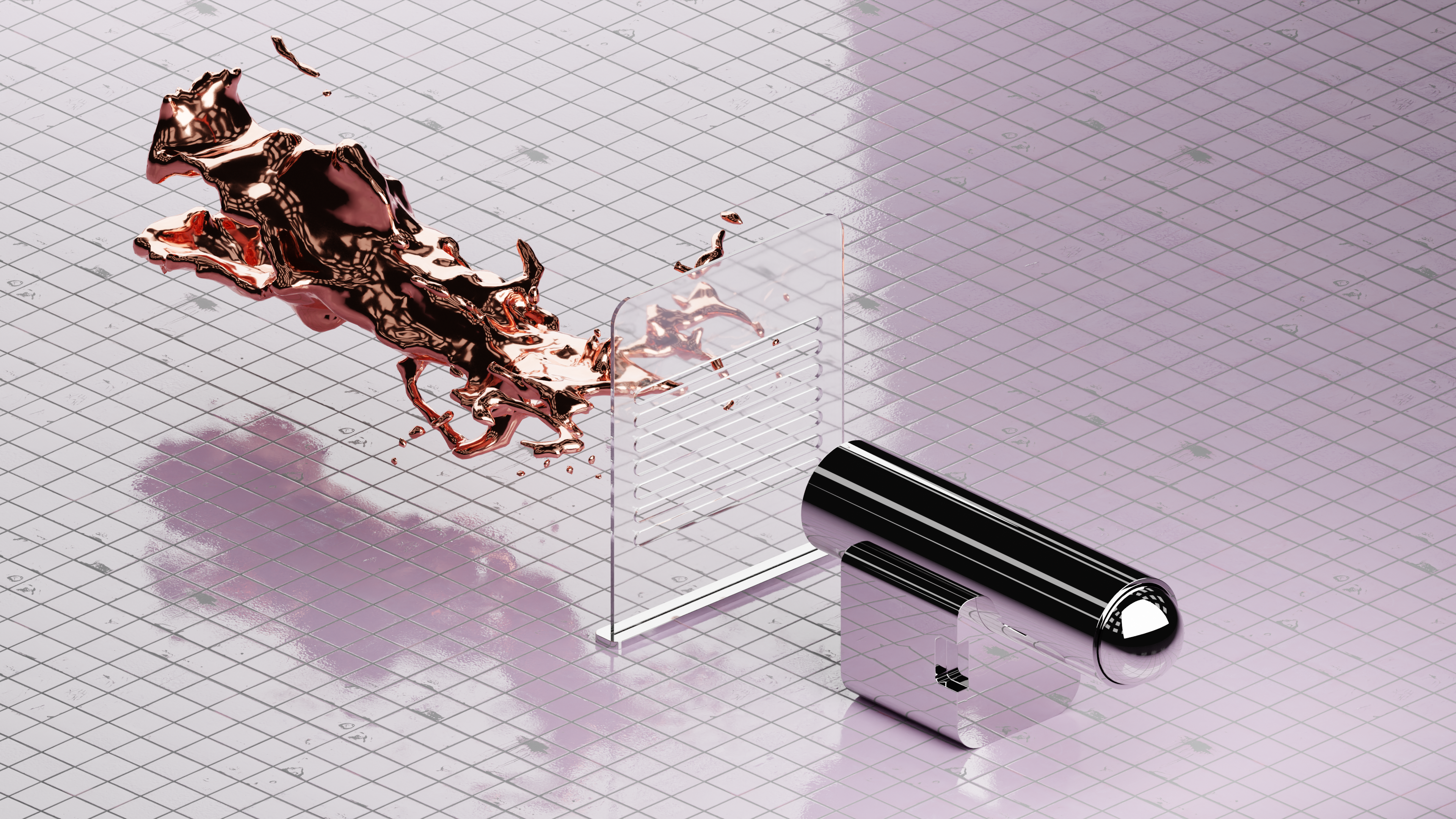 Surreal copper splash and chrome objects on grid HD Wallpaper