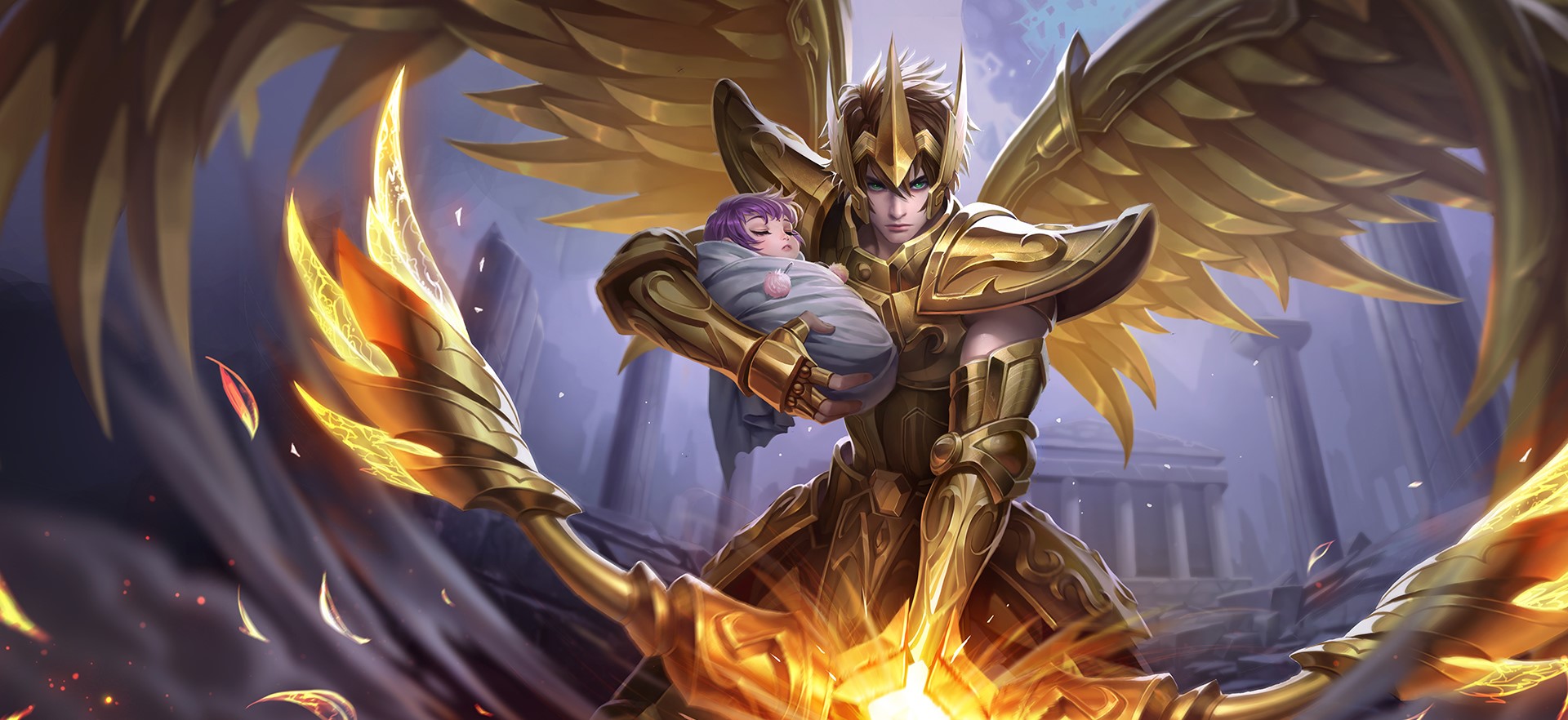 Golden Armored Warrior Holding a Baby HD Wallpaper