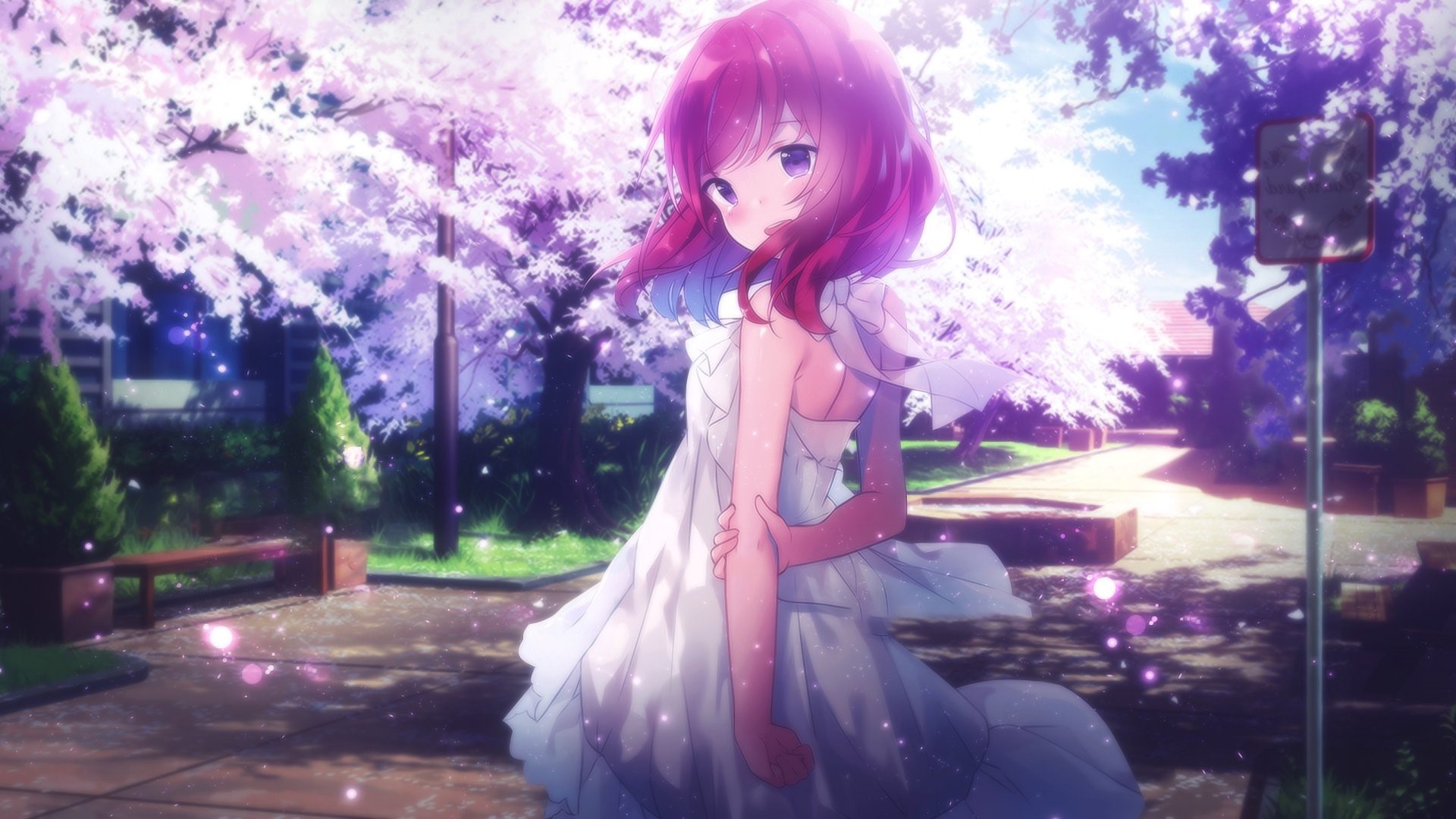 Anime girl with pink hair and purple eyes in a white dress HD Wallpaper