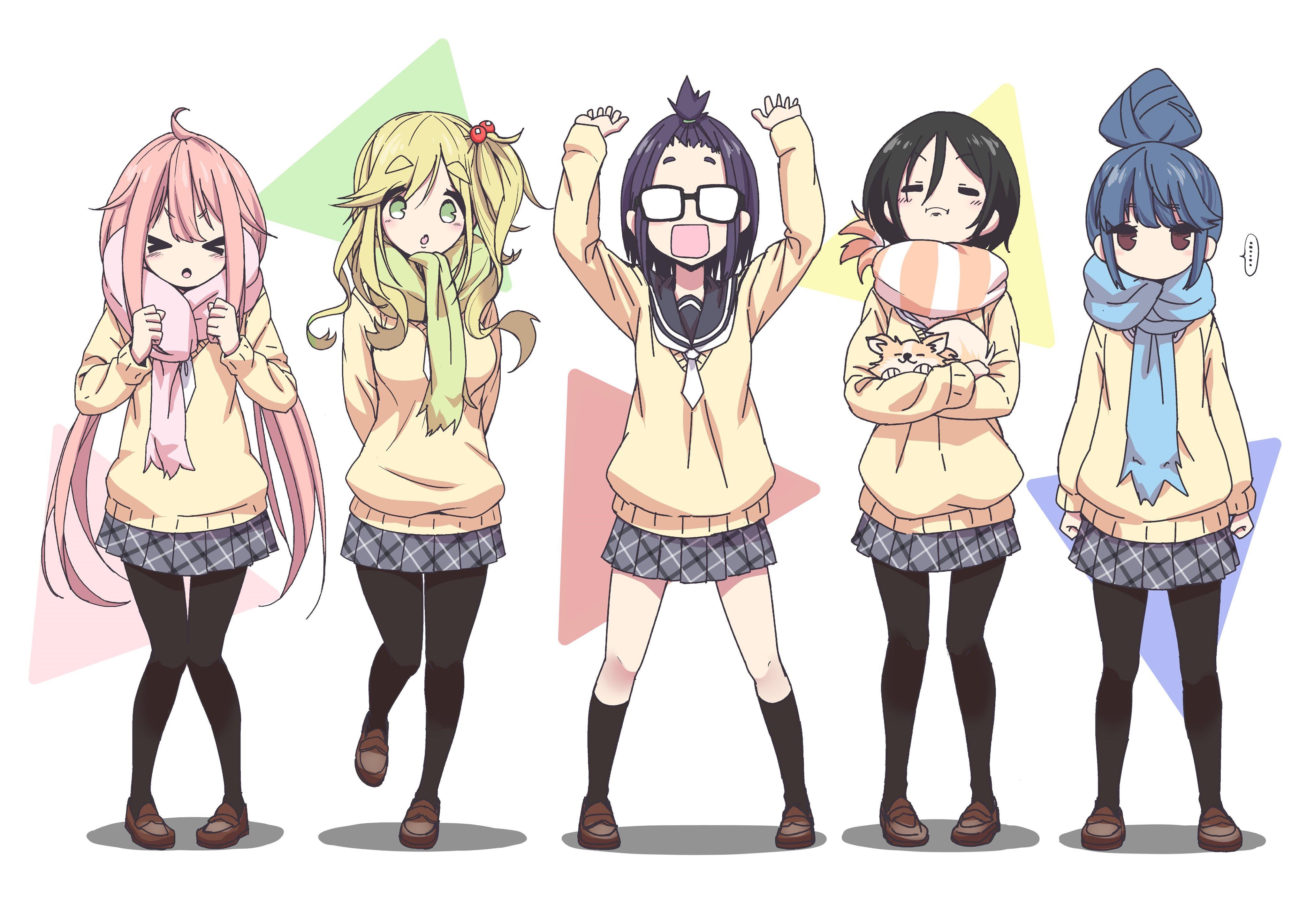 5 girls from Yuru Camp standing HD Wallpaper