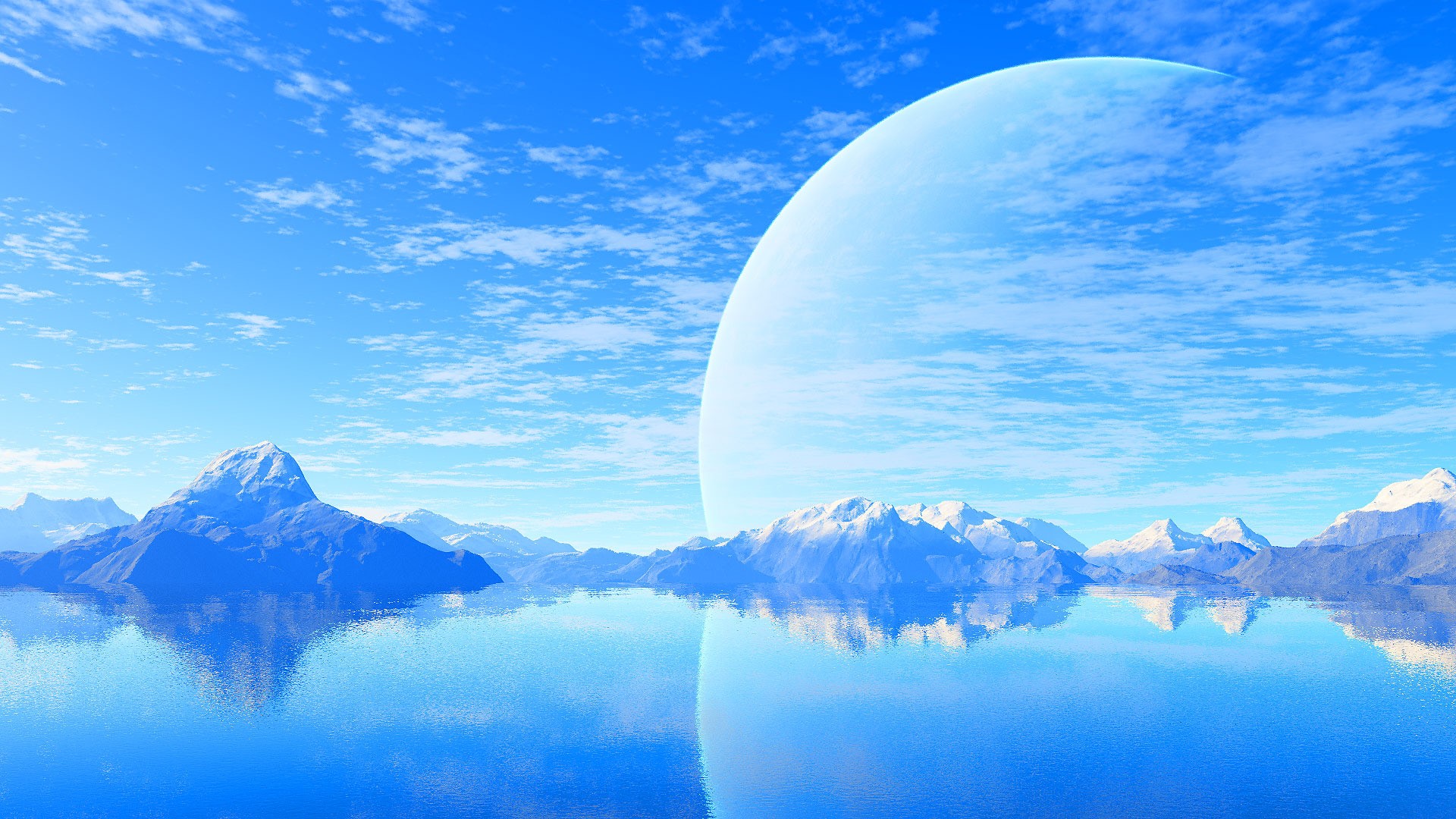 Alien planet landscape with mountains and a large moon HD Wallpaper