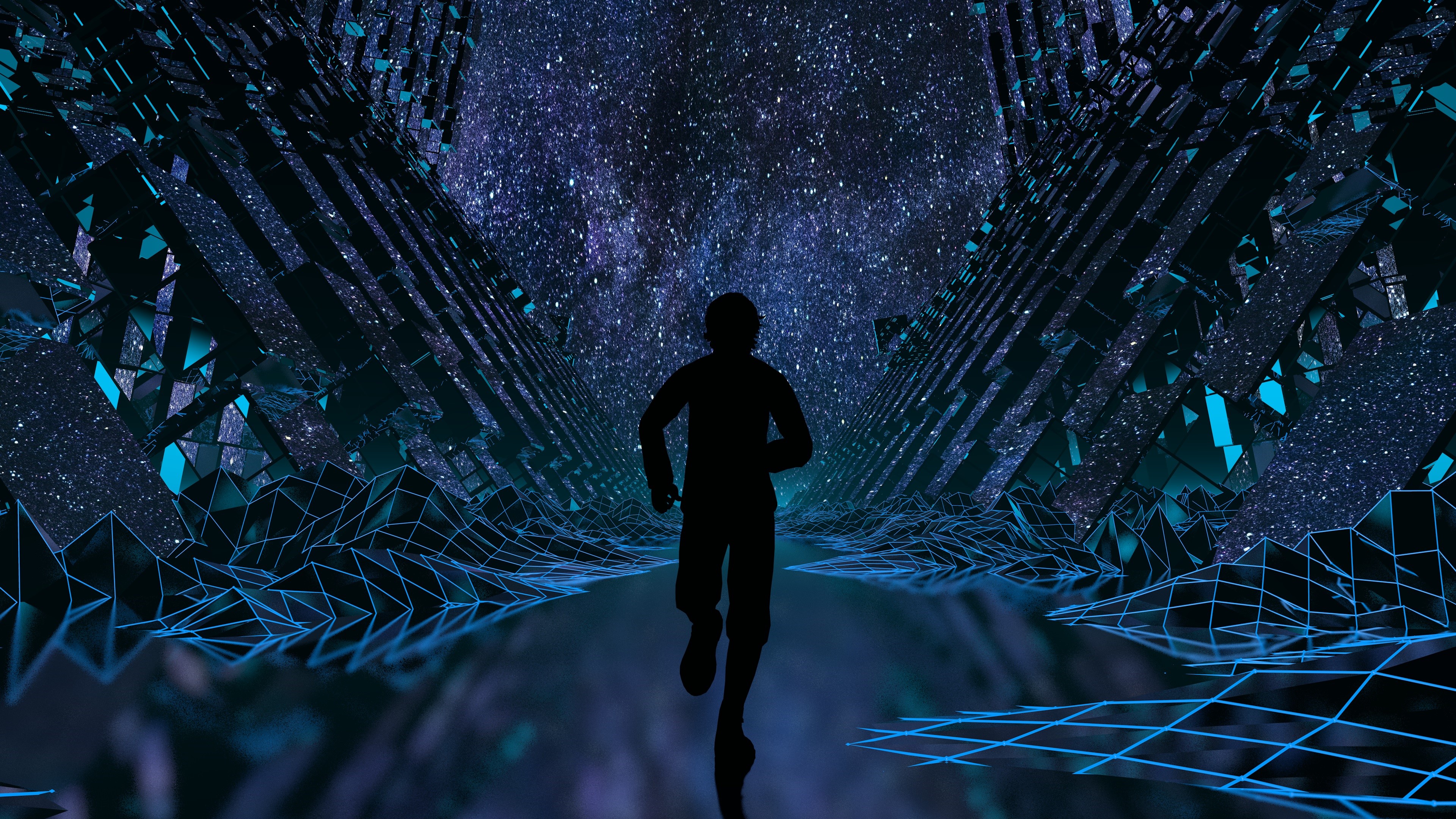 Silhouette running through a digital galaxy HD Wallpaper