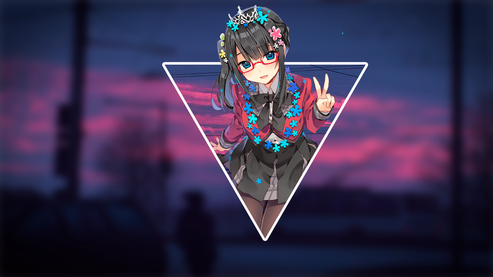 Anime girl with glasses and flowers HD Wallpaper