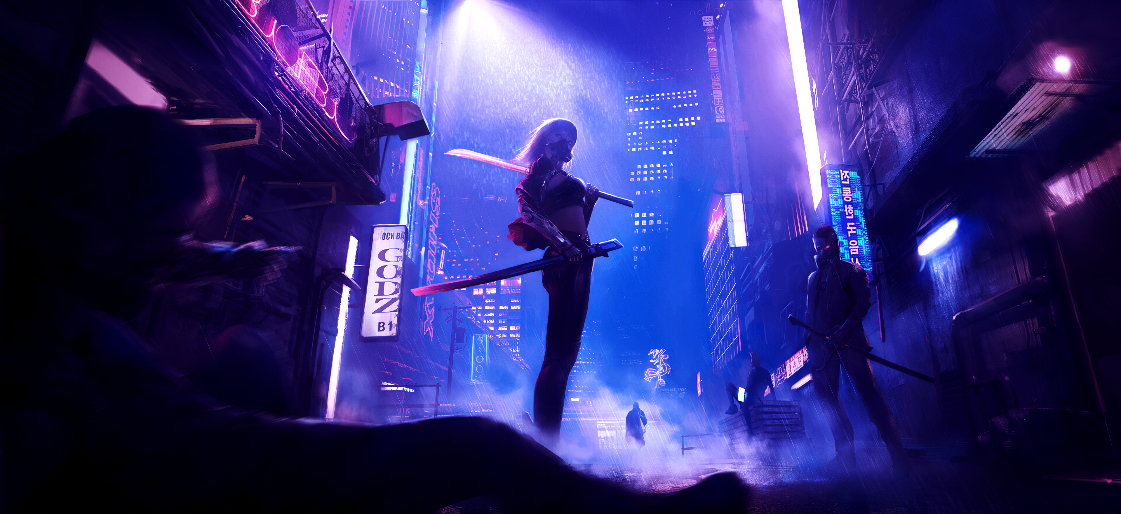 Cyberpunk women with swords in a rainy neon city HD Wallpaper