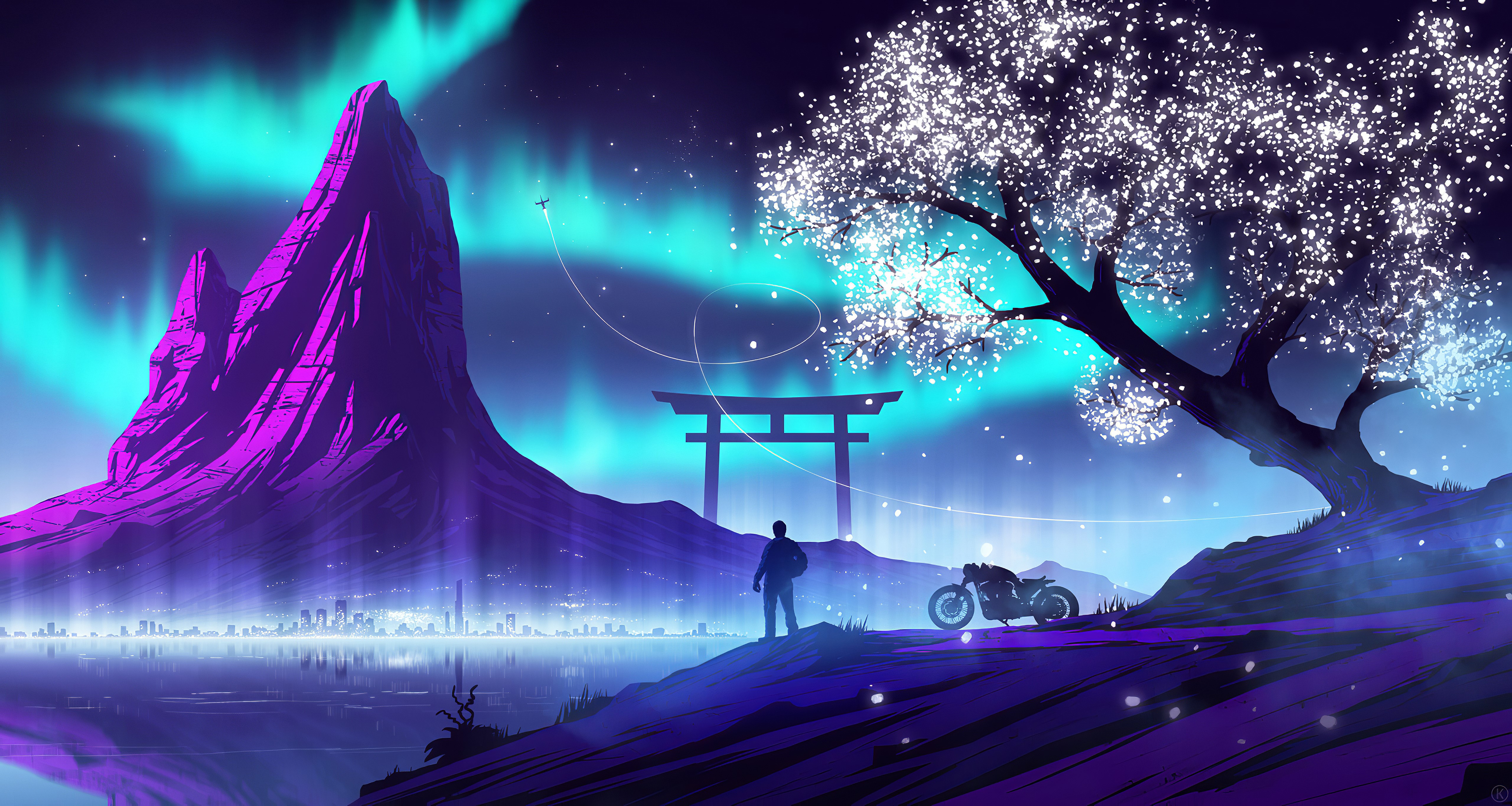 Man with motorcycle watches aurora over city and mountains HD Wallpaper