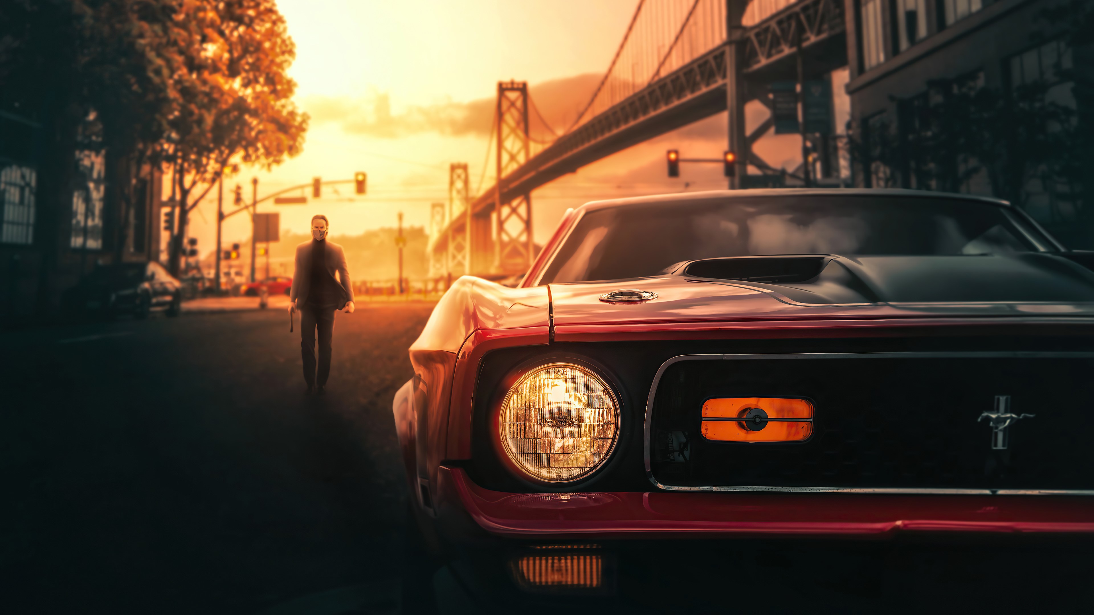 John Wick walking by a red car with a bridge in the background HD Wallpaper