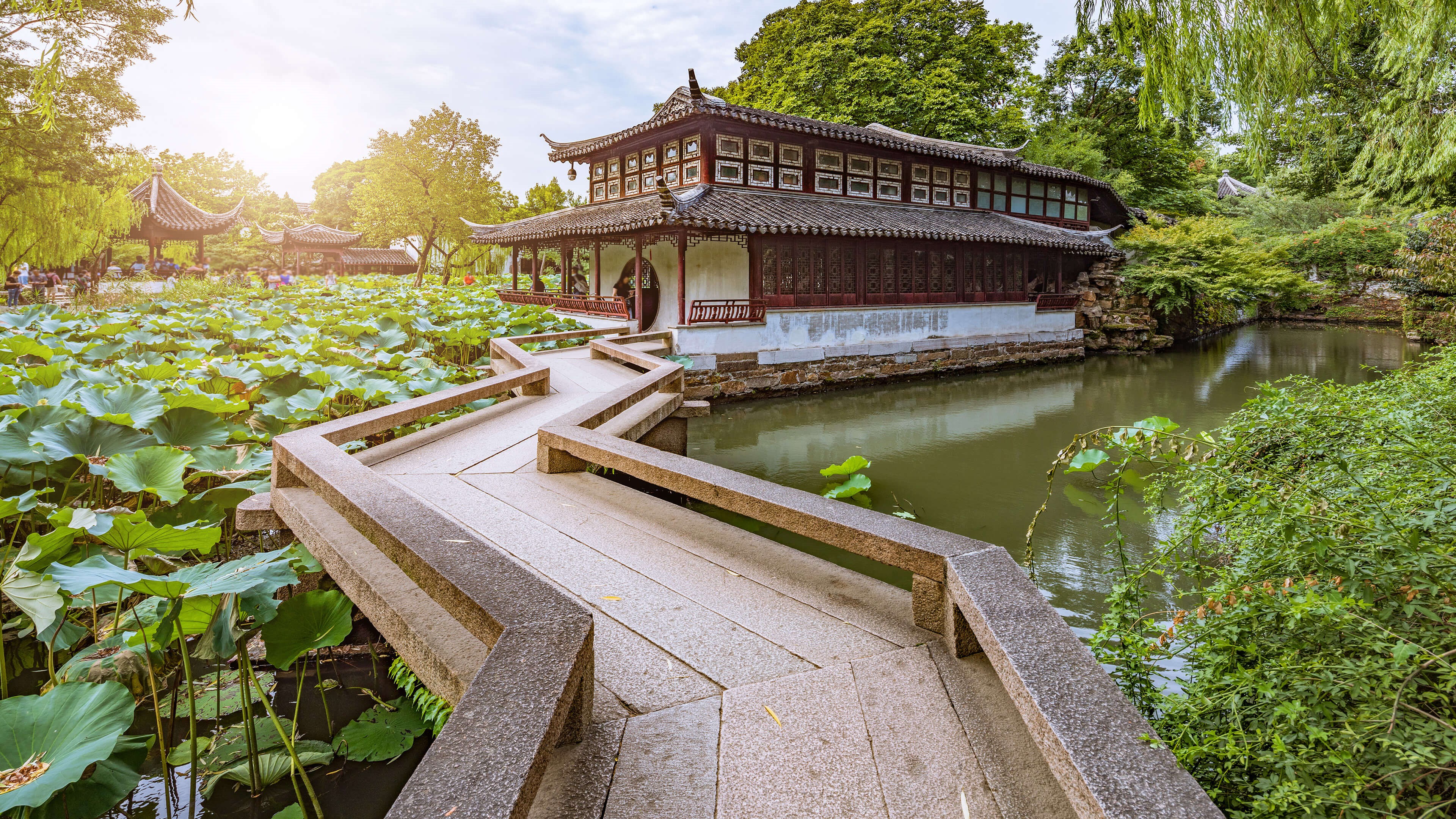 Asian architecture in a Chinese garden with lotus pond HD Wallpaper